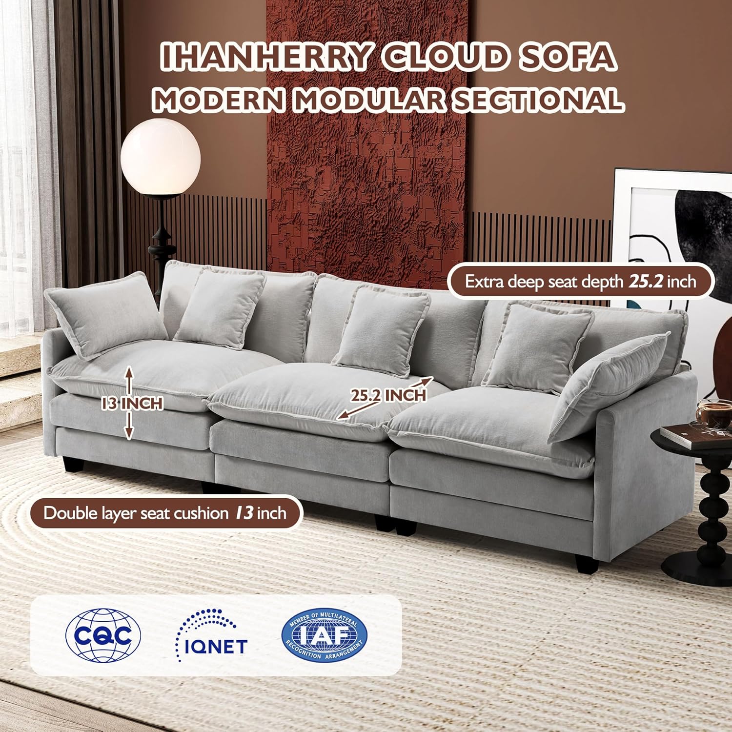 111.4 Inch L-Shaped Modern Sofa Modular Cloud Sofa Ottoman 4-Seater Chenille Deep Seat Sofa