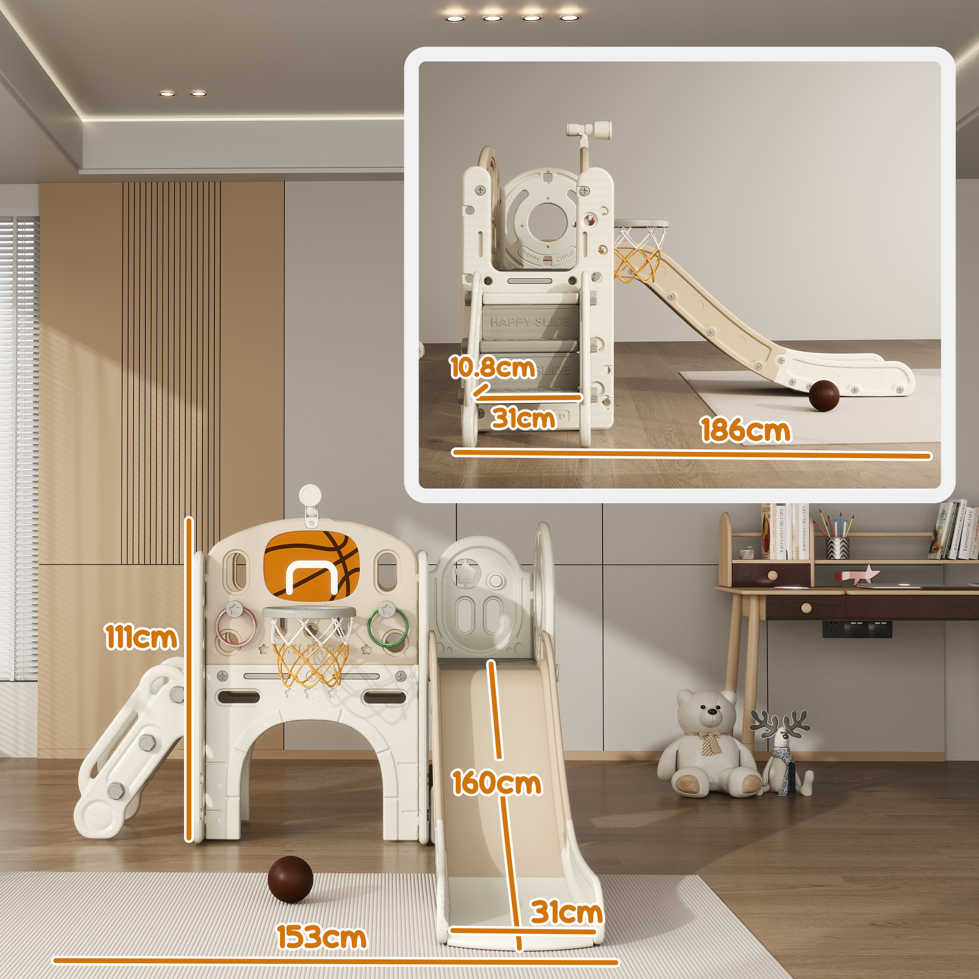 AIYAPLAY Kinder Speeltoestel, 7-in-1 Glijbaan, Binnenspeeltuin met Opslag en Kruipruimte, 186x153x111 cm, Crèmewit