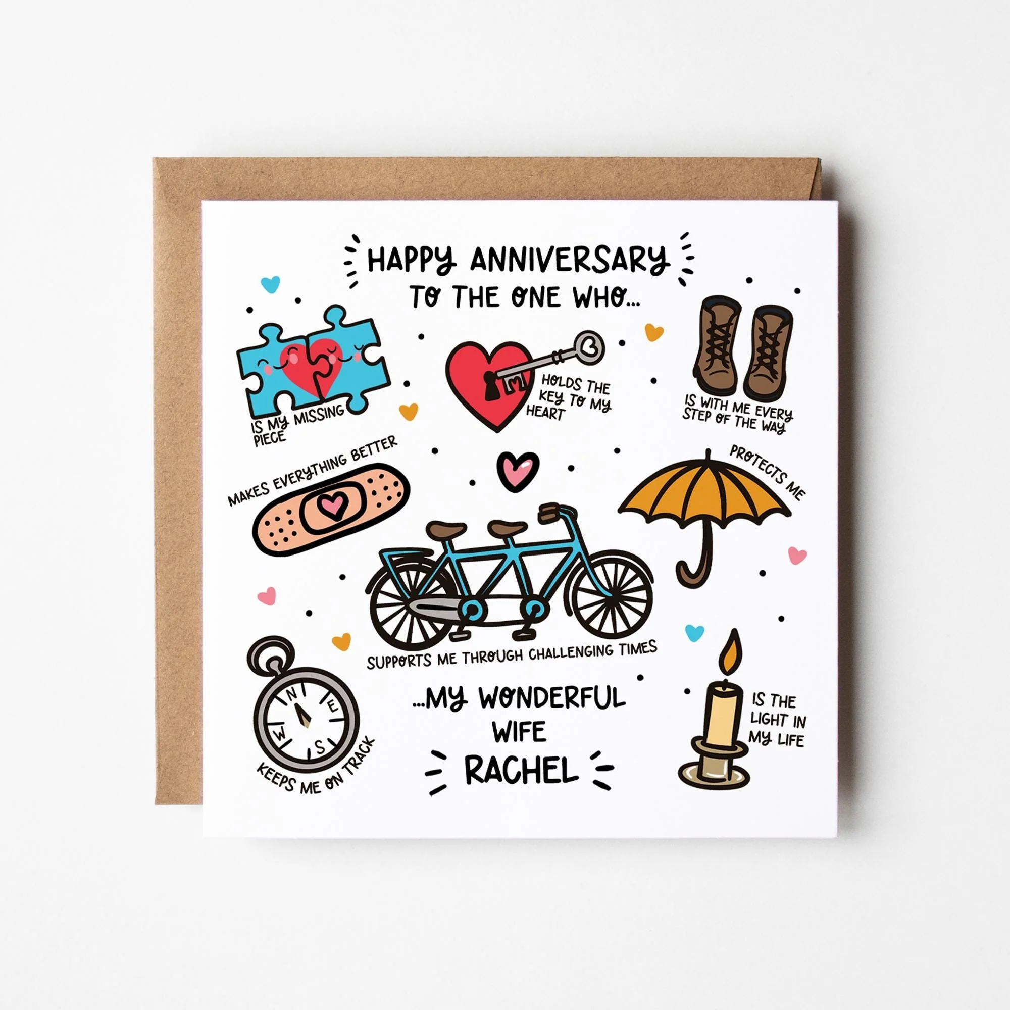 Personalised Wife Anniversary Card: With Heartfelt Words and Illustrations, Kraft Envelope