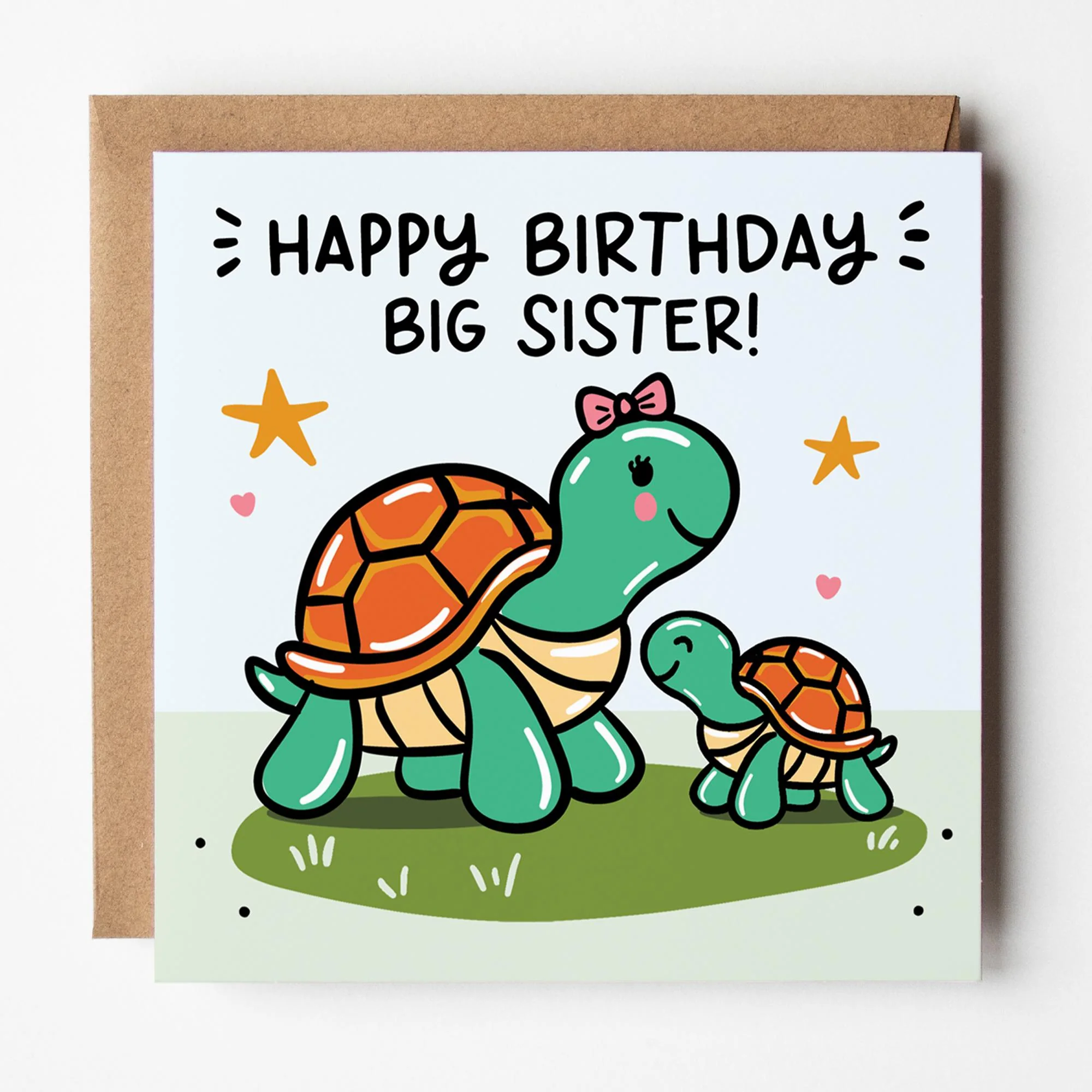 Big Sister Birthday Card: from Little Brother, Cute Turtles, with Kraft Envelope