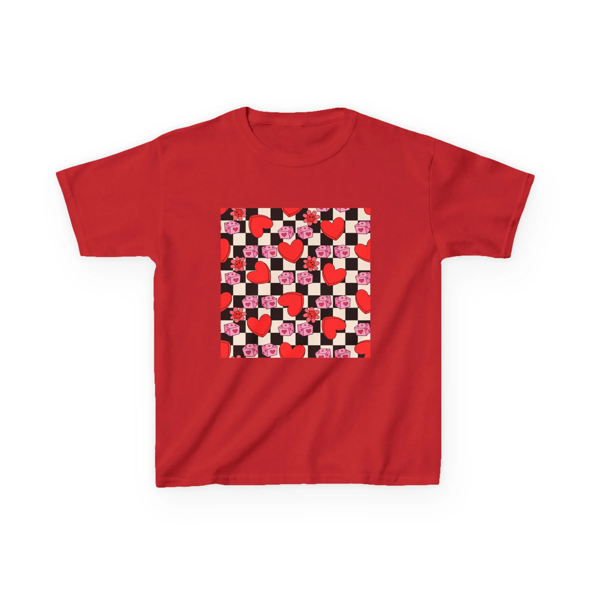 Checkerboard Hearts Kids Tee | Red Pink Black Heart Pattern