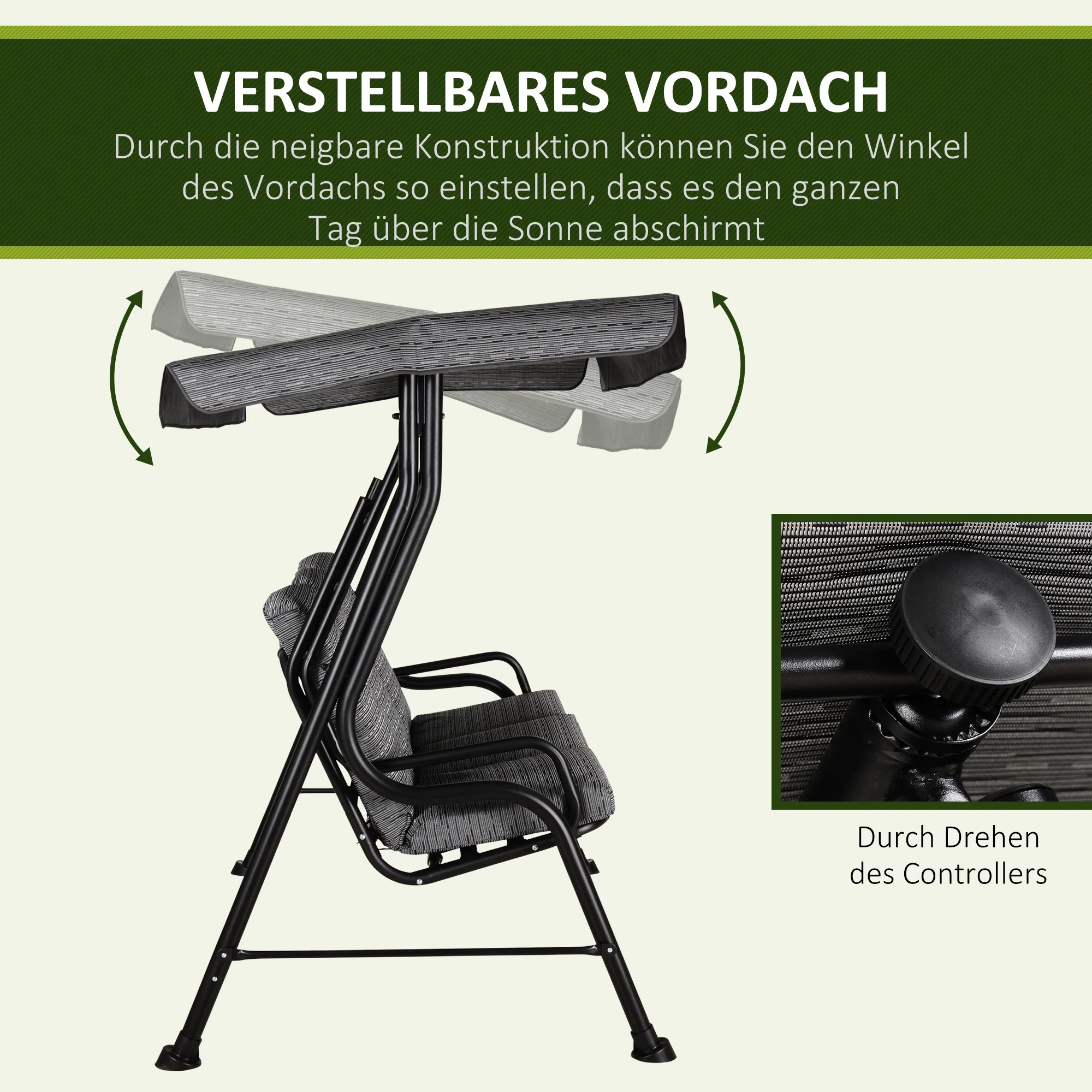 Outsunny Hollywoodschommel 3-zitten tuinschommel verstelbare zonnedak Textileen