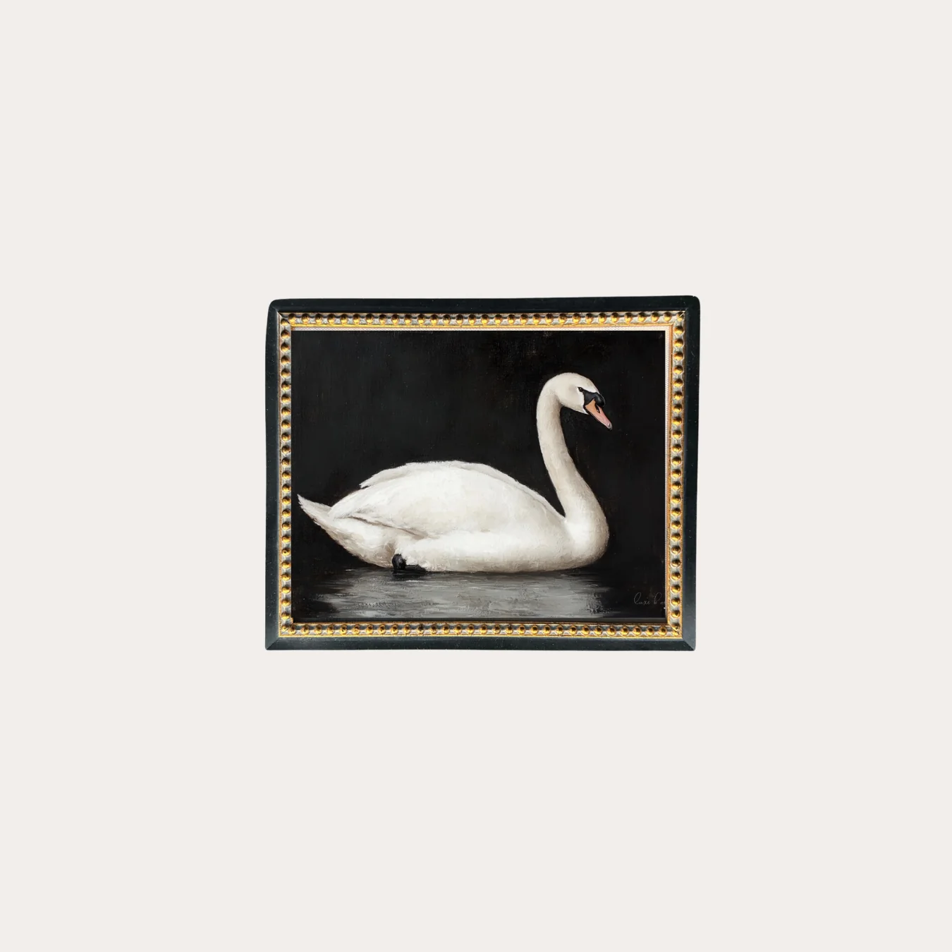 Moody Swan | Gold Beaded Black French Framed Art