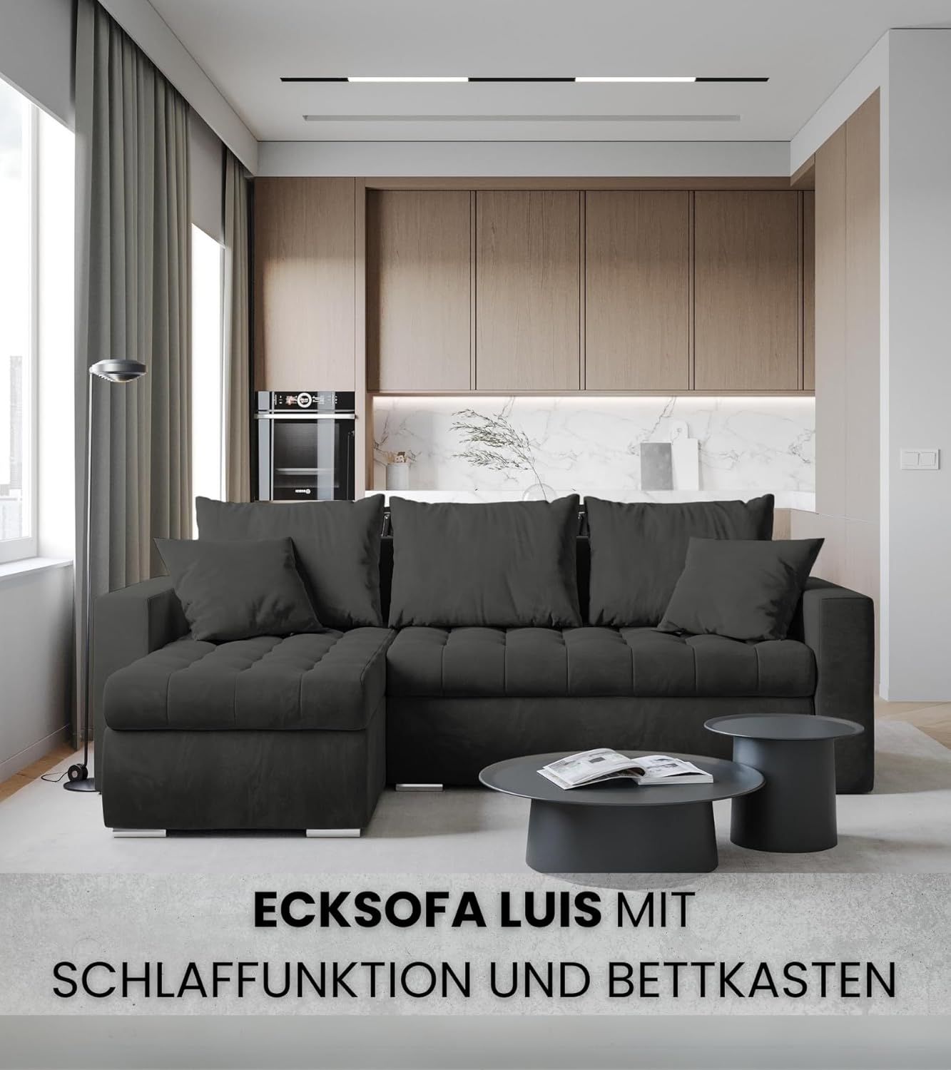 BROMARKT Sofa mit Schlaffunktion Ecksofa L-Form Schlafsofa Couch Bettkasten Wohnzimmer Möbel LUIS Couch 3 Sitzer Bett mit Bezugbehalter 238x150x72 Graphite