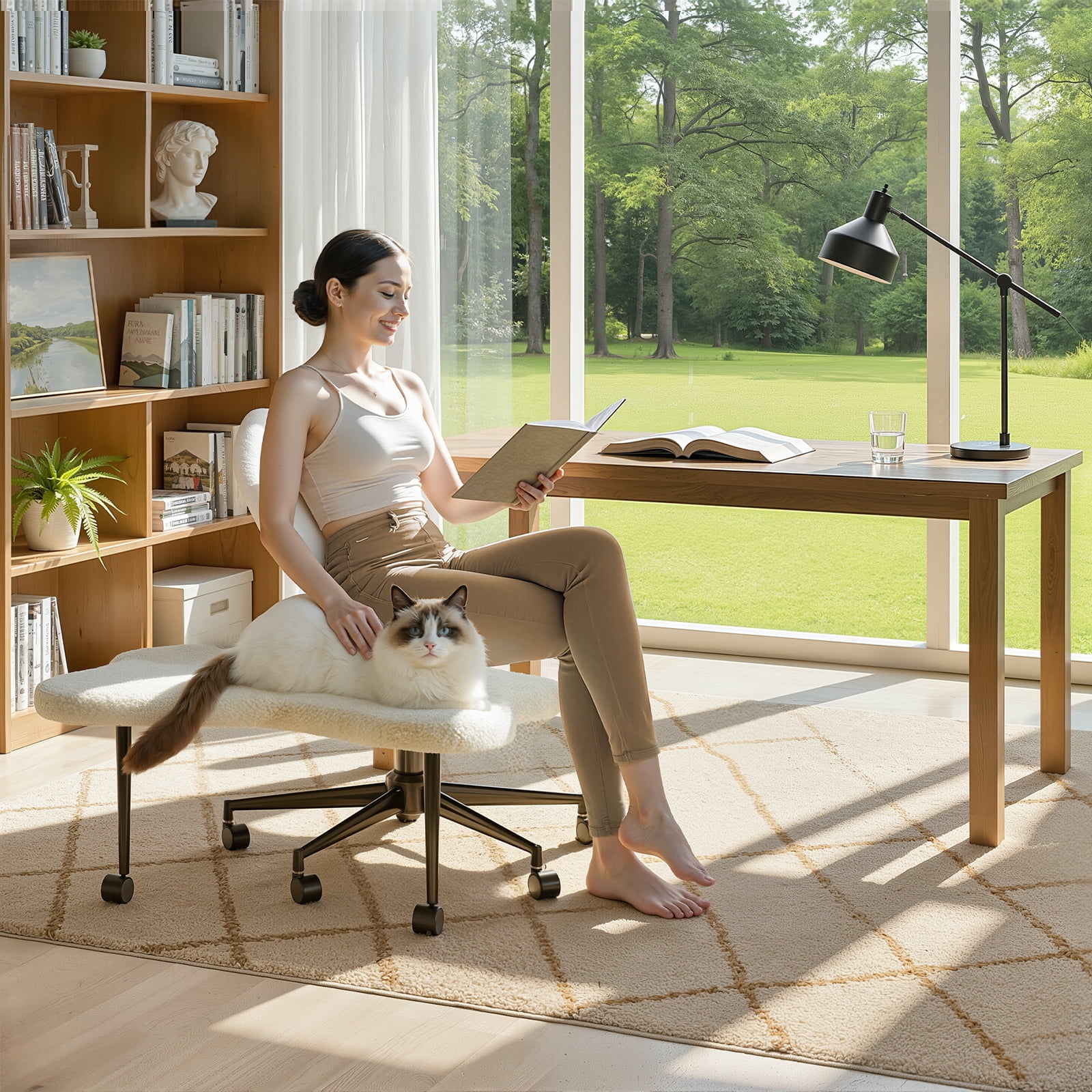 Pinmoco Ergonomic Cross Legged Swivel Chair, Adjustable Height and Teddy Fabric, Meditation& ADHD Chair with Back Support, Home and Office, Off White
