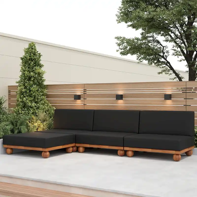 Scott Living Dulcie 4 Piece Outdoor Acacia Wood L Shape Setional Sofa with Removable Cushions