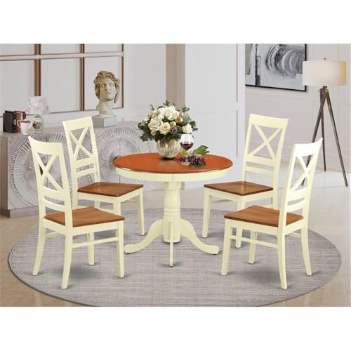 East West Furniture ANQU5 WHI W   Set dinette per 4 persone, con tavolo rotondo da cucina con piedistallo e 4 sedie, 91 x 91 cm : Casa e cucina