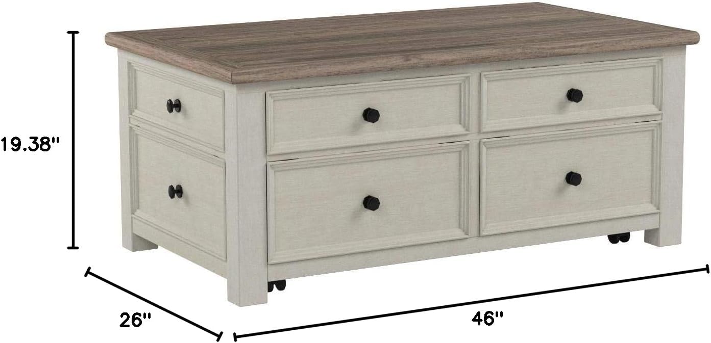 Ashley Bolanburg Lift Top Coffee Table with Drawers, Antique Cream & Brown