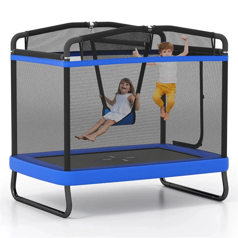 6FT Kids Rectangle Trampoline, ASTM Certified Toddler Rebounder with Swing, Horizontal Bar & Safety Enclosure Net for Indoor Outdoor Use