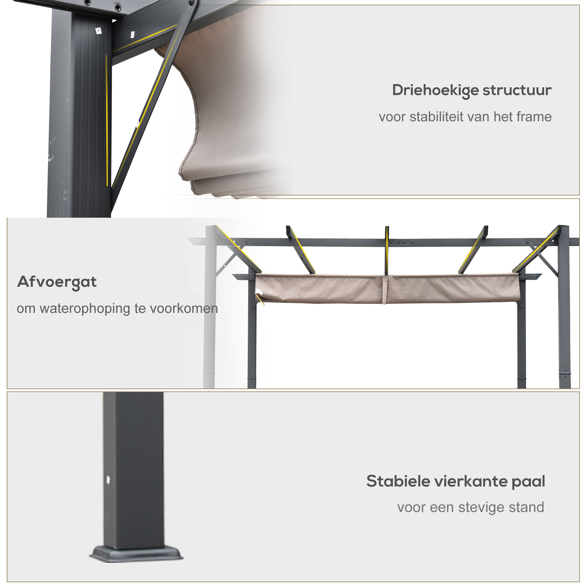 Outsunny Pergola met schuifdak paviljoen terrasoverkapping tuin aluminium 3 x 3 m bruin