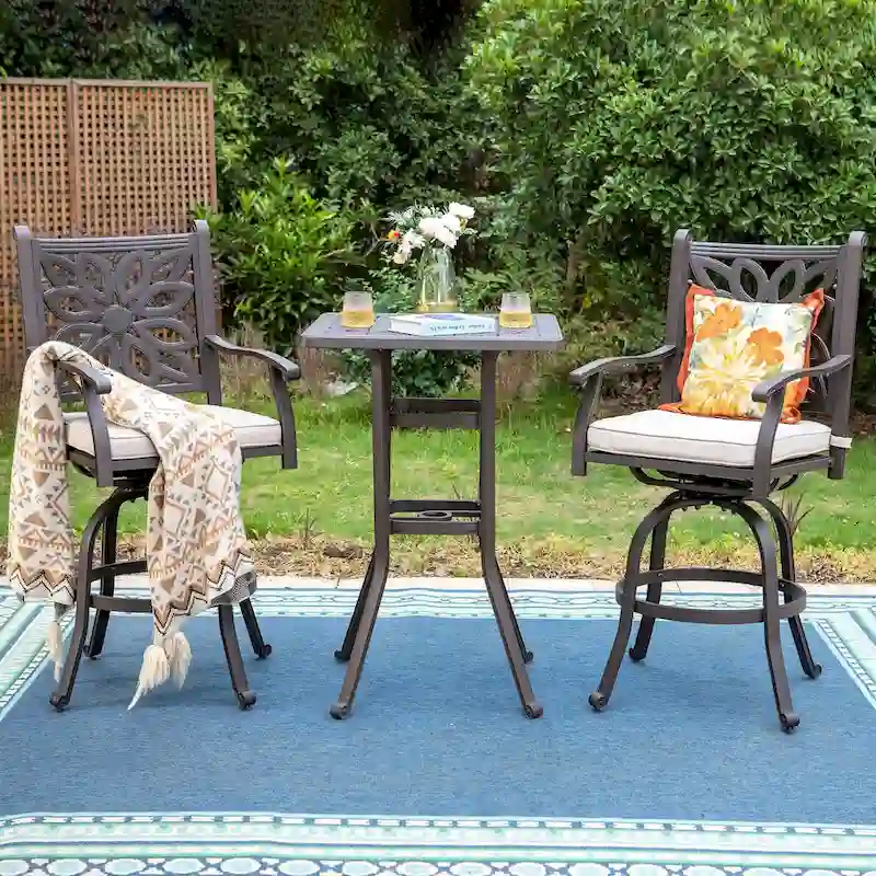 MAISON ARTS 3-Piece Cast Aluminum Patio Bar Stool Set of 1 Bar Table & 2 Swivel High Bar Stools