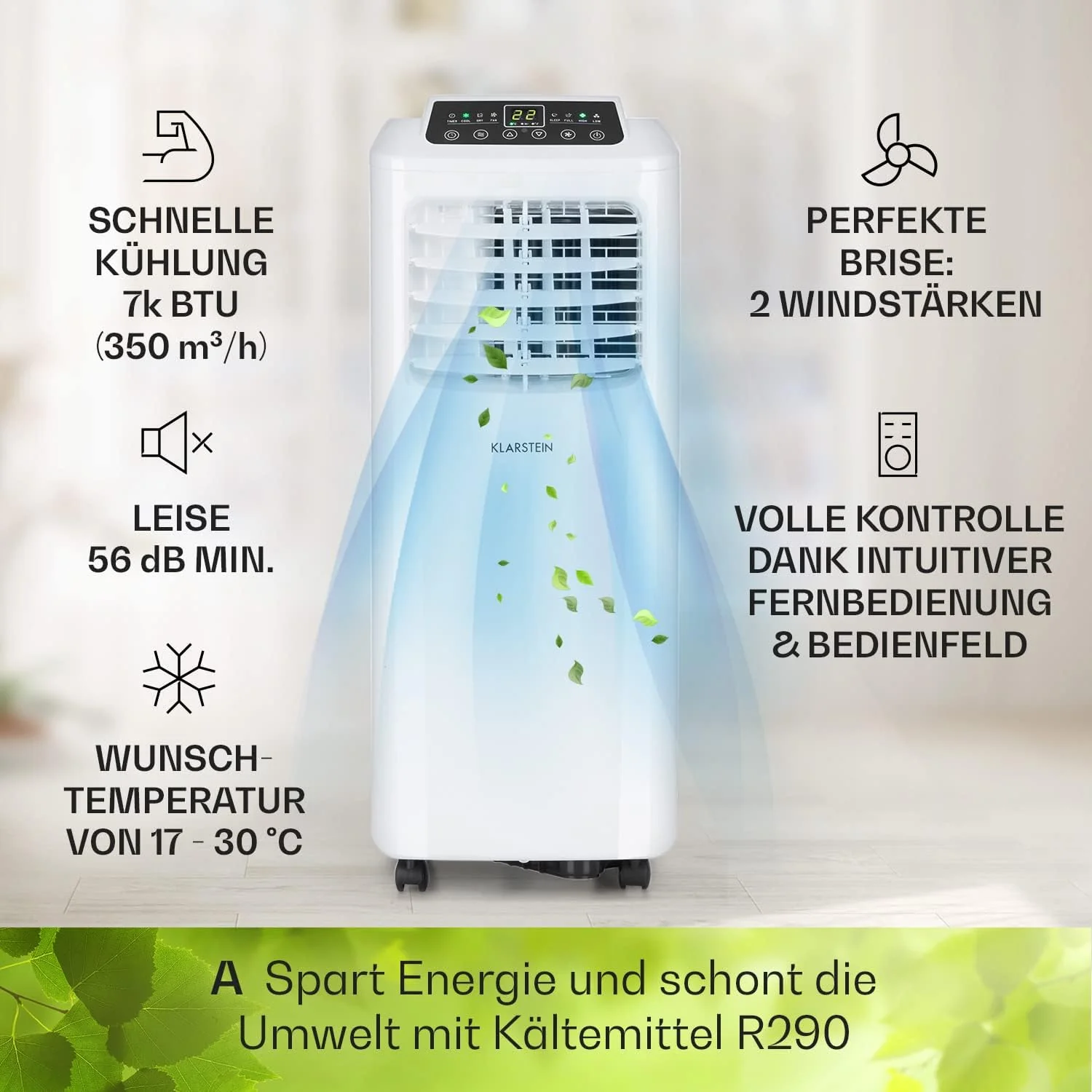 Klarstein Mobiele Airco met Afvoerslang, 3-in-1 Airconditioner met Ventilator & Luchtontvochtiger, Kleine & Draagbare Airco voor Thuis & op Kantoor, met Nachtmodus & App-bediening, 7000 BTU