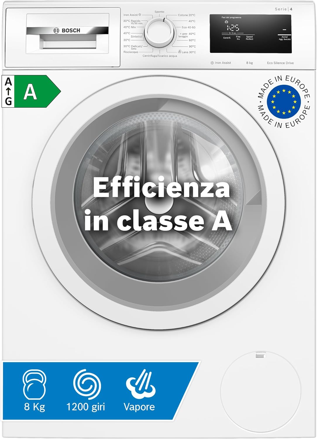 Bosch WGE03200IT Serie 2 Lavatrice a carica frontale, 8 kg, 1200 giri, Classe energetica A, motore inverter con 10 anni di garanzia, Lavaggio igienico anche a 40 °C, Bianco, 60 Cm