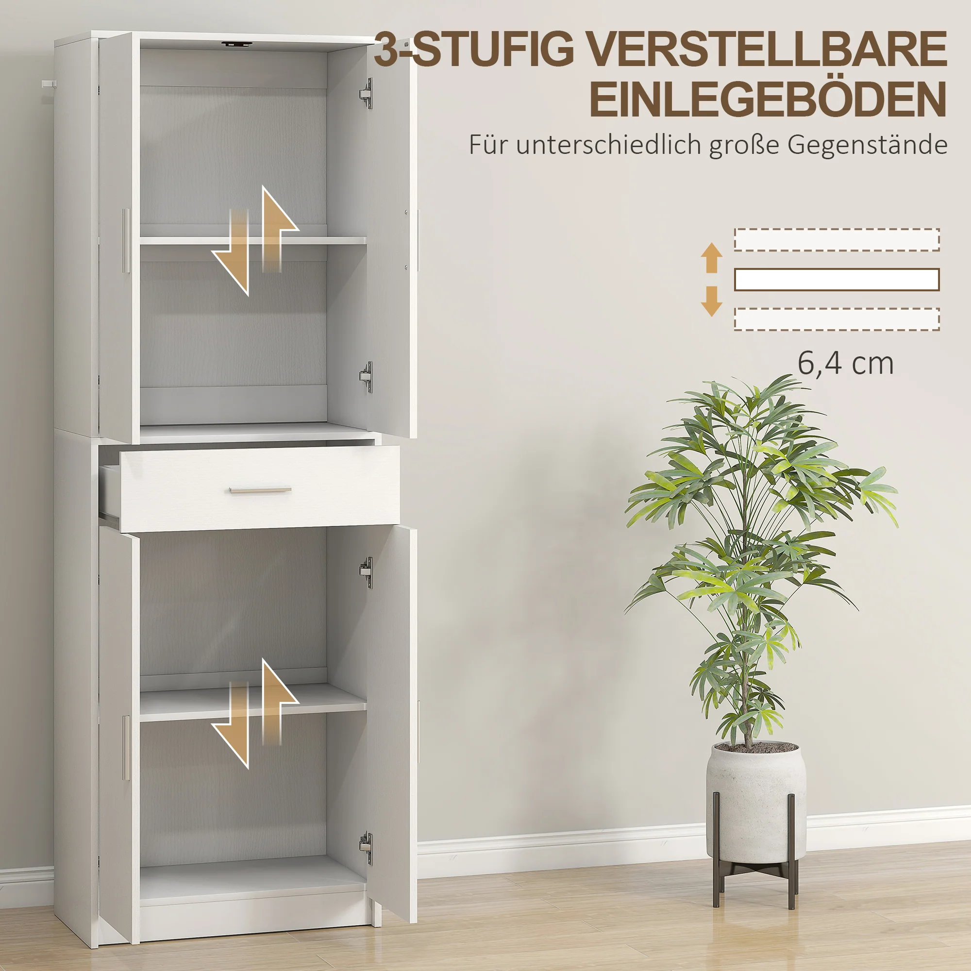 HOMCOM Keukenkast, 3-traps verstelbare planken, Spaanplaat, MDF, veel opbergruimte, Wit