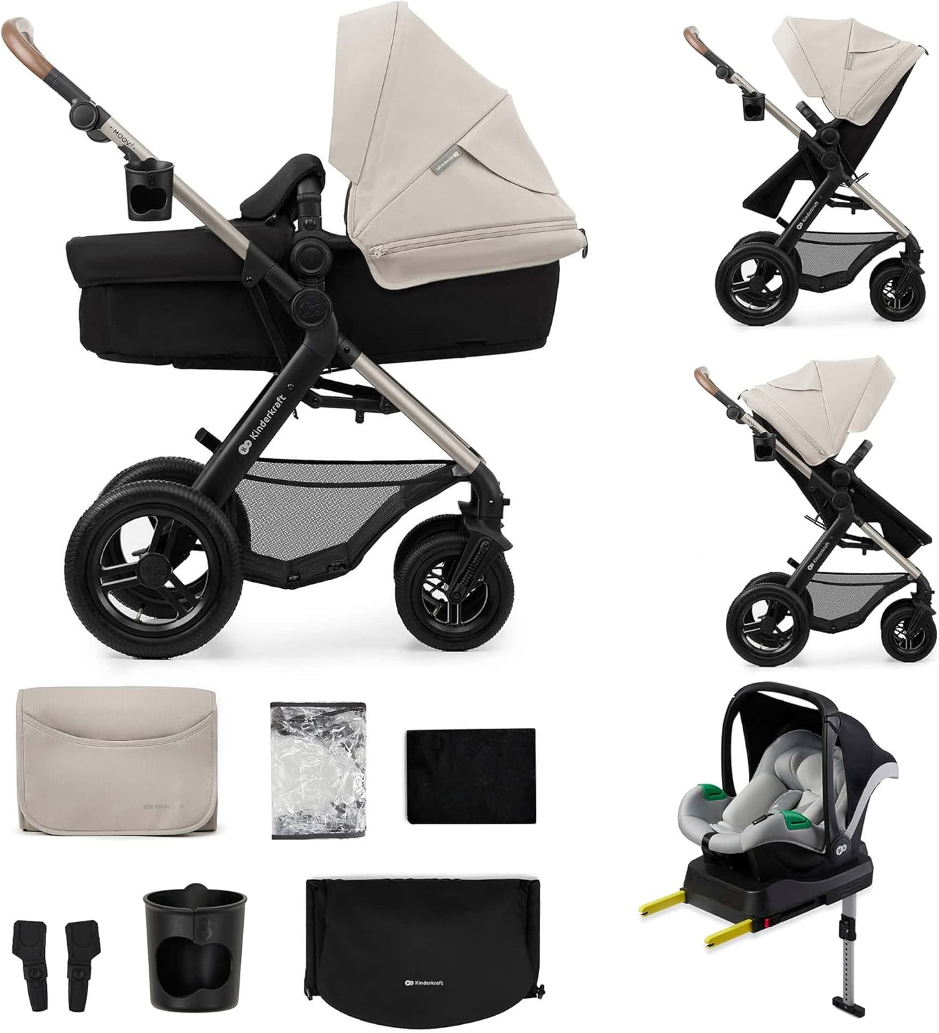 Kinderkraft MOOV 2 AIR Trio 4-in-1 Multifunctional Stroller with Carrycot, MINK PRO i-Size Car Seat + ISOFIX Base, Inflatable Wheels, from Birth to 22 kg, Grey