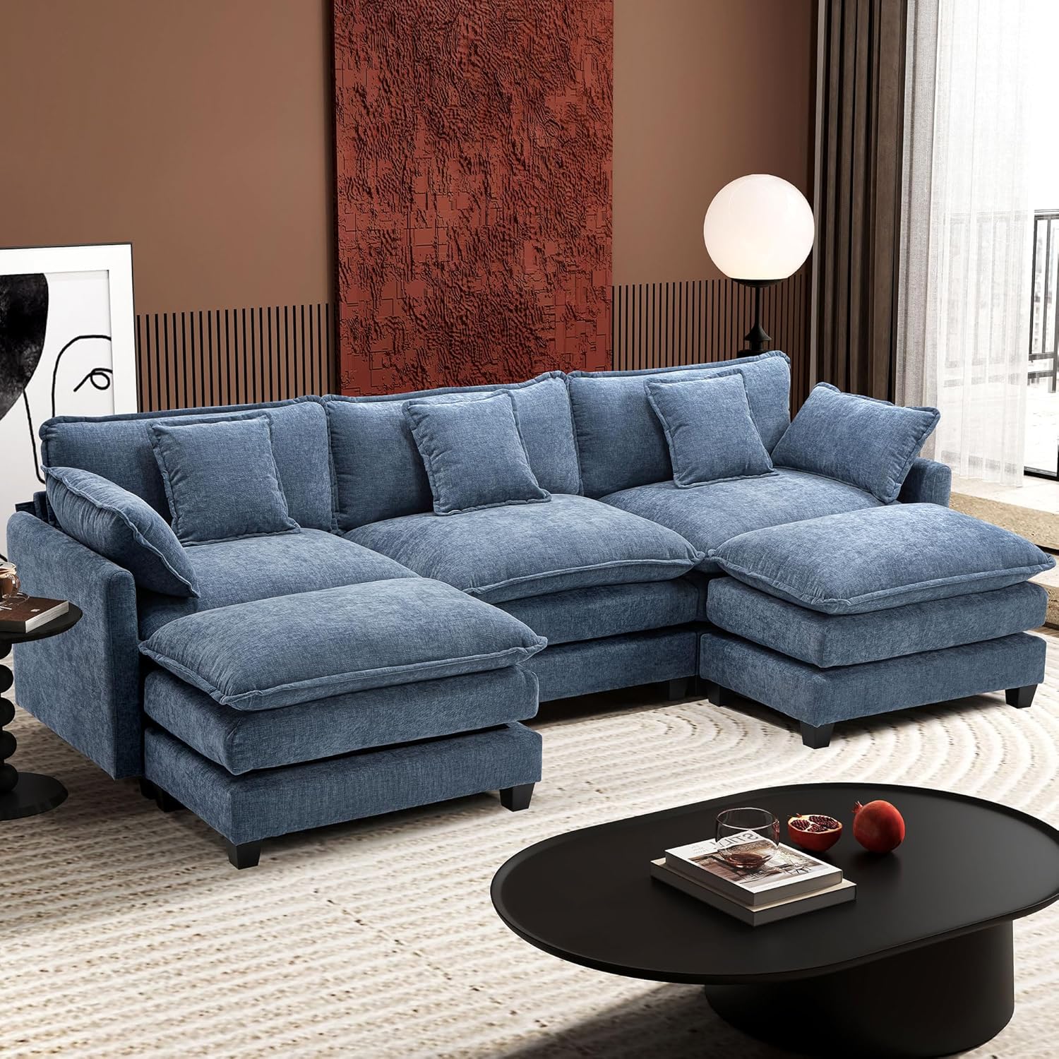 111.4 Inch L-Shaped Modern Sofa Modular Cloud Sofa Ottoman 4-Seater Chenille Deep Seat Sofa