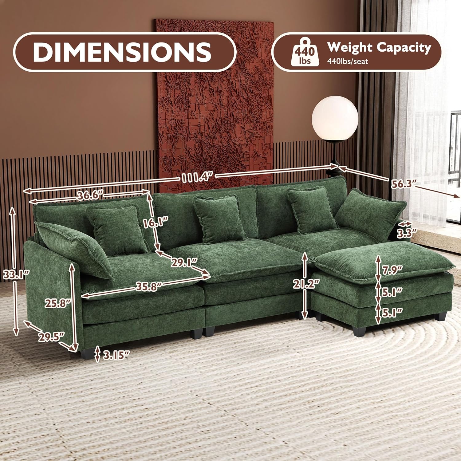111.4 Inch L-Shaped Modern Sofa Modular Cloud Sofa Ottoman 4-Seater Chenille Deep Seat Sofa