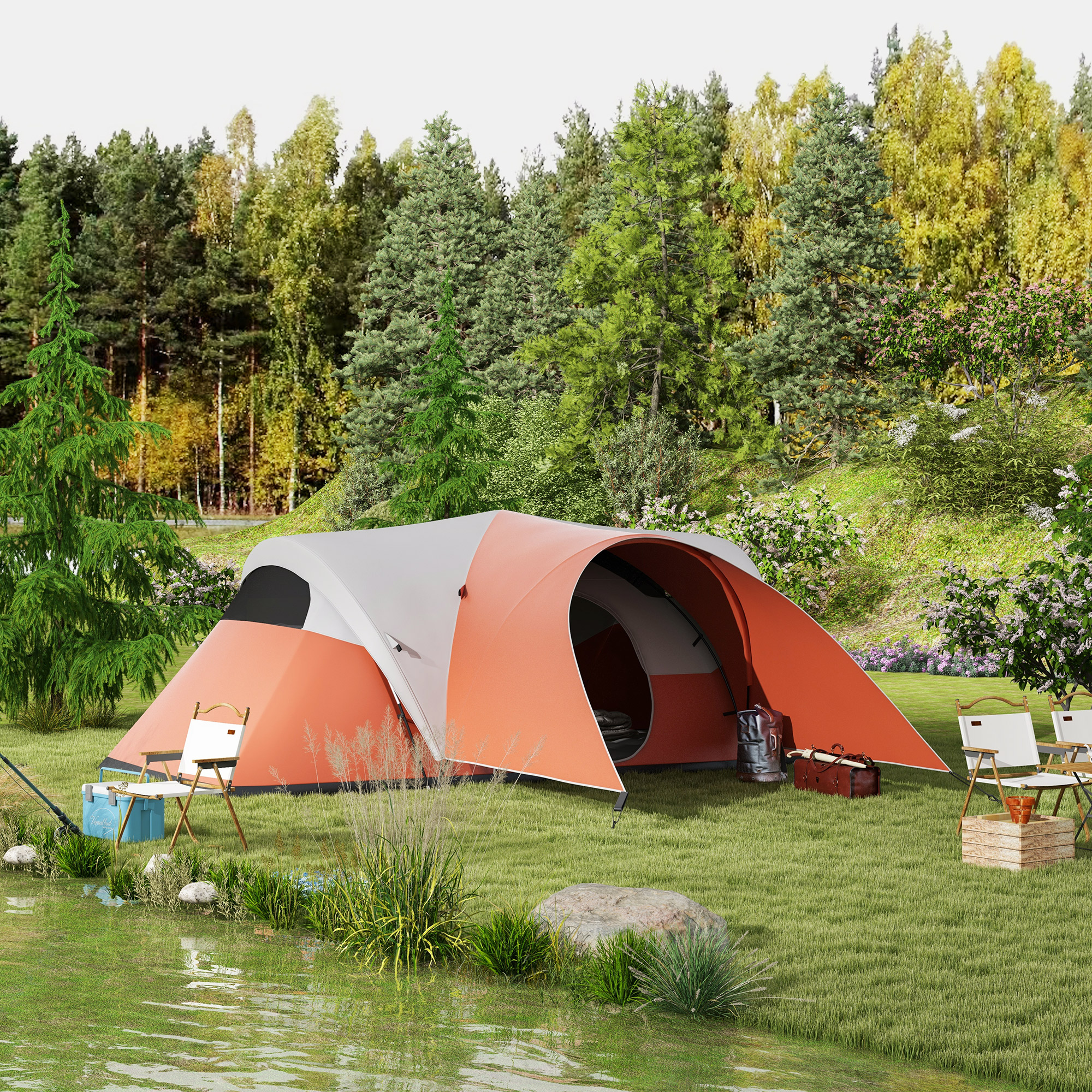 Outsunny Kampeertent voor 5-6 Pers., Familietent, waterdicht, met Voortent, 550L x 300B x 198Hcm, Oranje