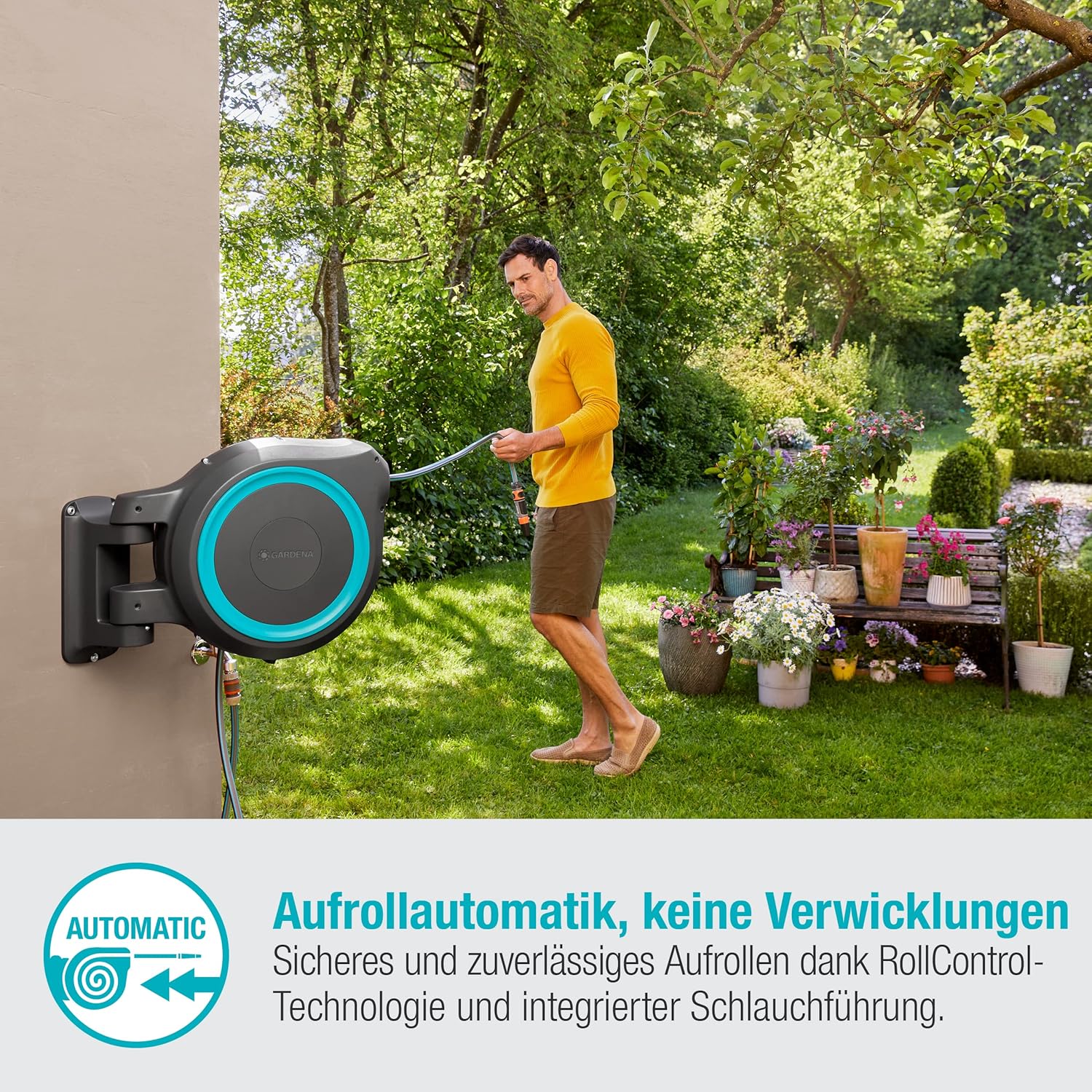 Gardena Wand-Schlauchbox RollUp XL (türkis) 35 m: flexible Bewässerung für große Gärten, Schwenkbare Schlauchbox, inkl. 35 m Gardena Qualitätsschlauch und Montagehilfe (18630-20)