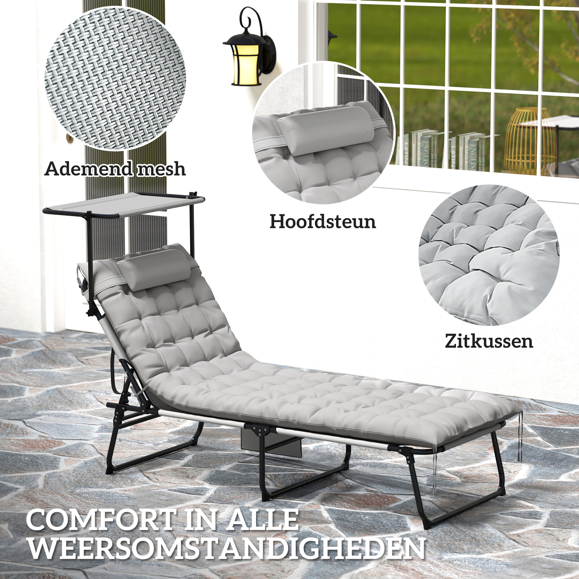 Outsunny Opvouwbare Tuinligstoel met Zonnedak en Matrasje, Ligstoel met 4 Standen Verstelbare Rugleuning Lichtgrijs