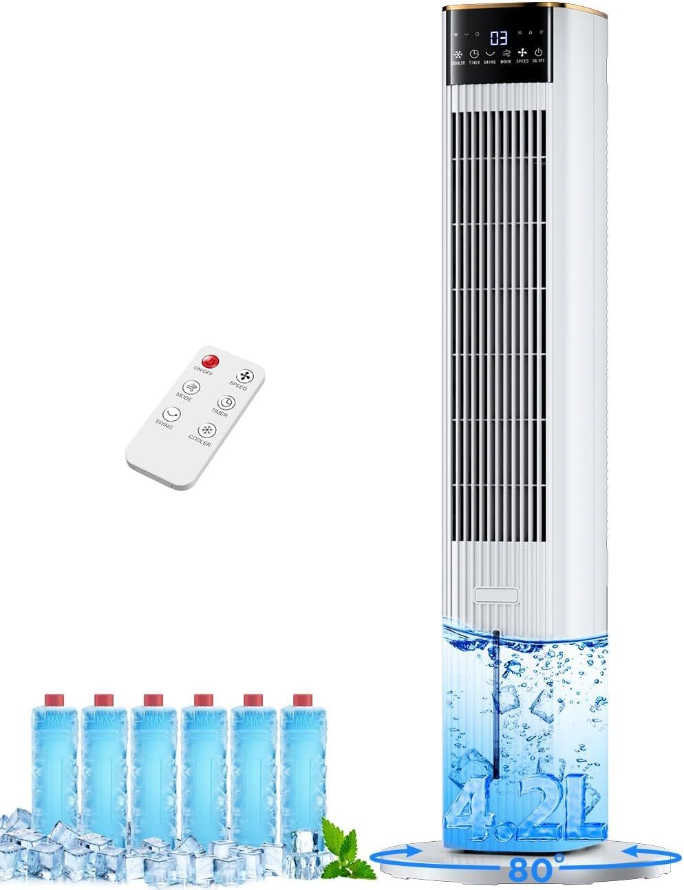 COOLECH 107CM Portable Air Conditioner with Remote & LED Display, Multi-Mode & Speed, 15-Hour Timer, 4.2L Dual Tank Evaporative Cooler, Memory & Aroma Feature, Ice Pack Tower Fans for Room