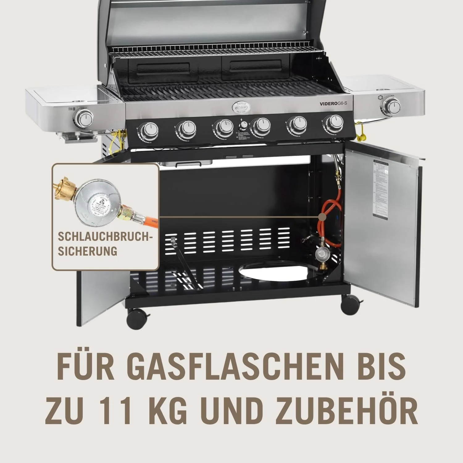 RÖSLE Elektrogrill BBQ-Portable Videro E2-P, tragbarer Tischgrill mit 2 Brennern, Warmhalterost und Deckel mit Glaseinsatz, pulverbeschichteter Stahl, schwarz/silbern