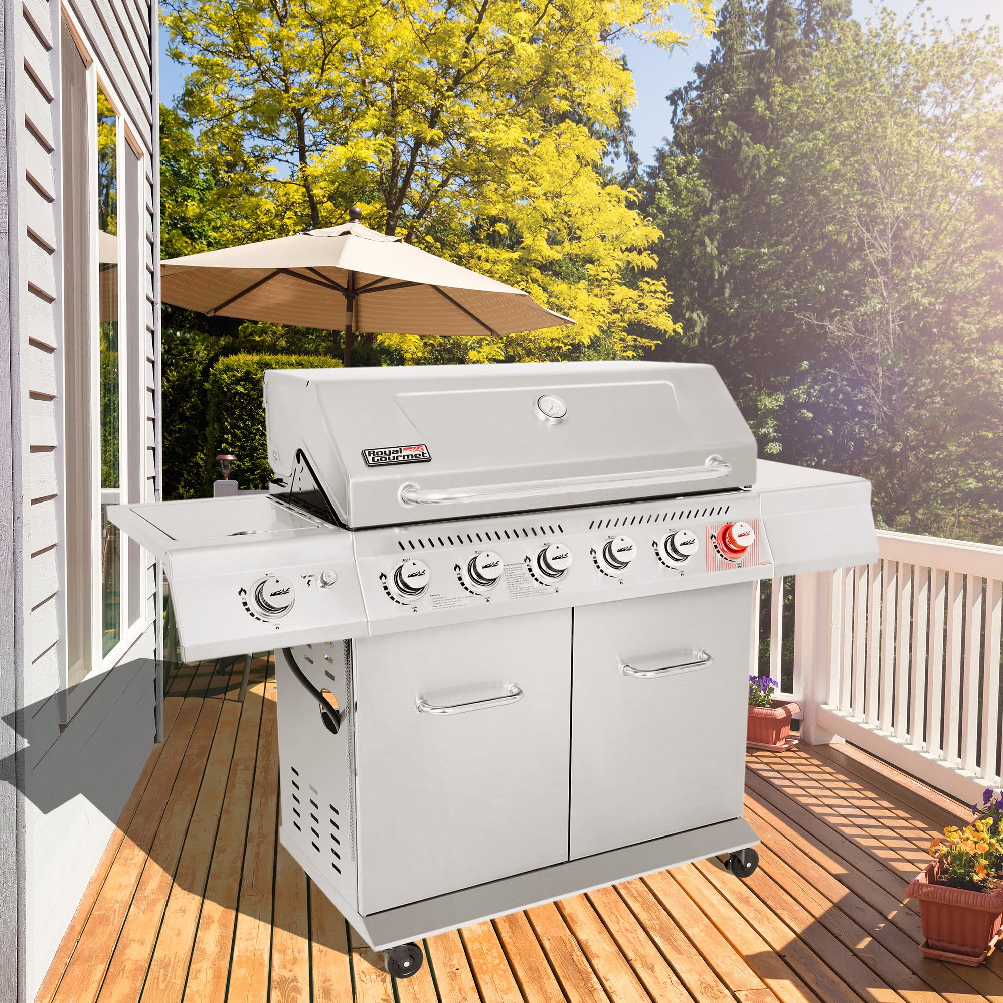 Stainless Steel Gas Grill, Premier 6-Burner Propane Grill with Sear Burner and Side Burner, 74,000 BTU, Cabinet Style, Outdoor BBQ Party Grill, Silver
