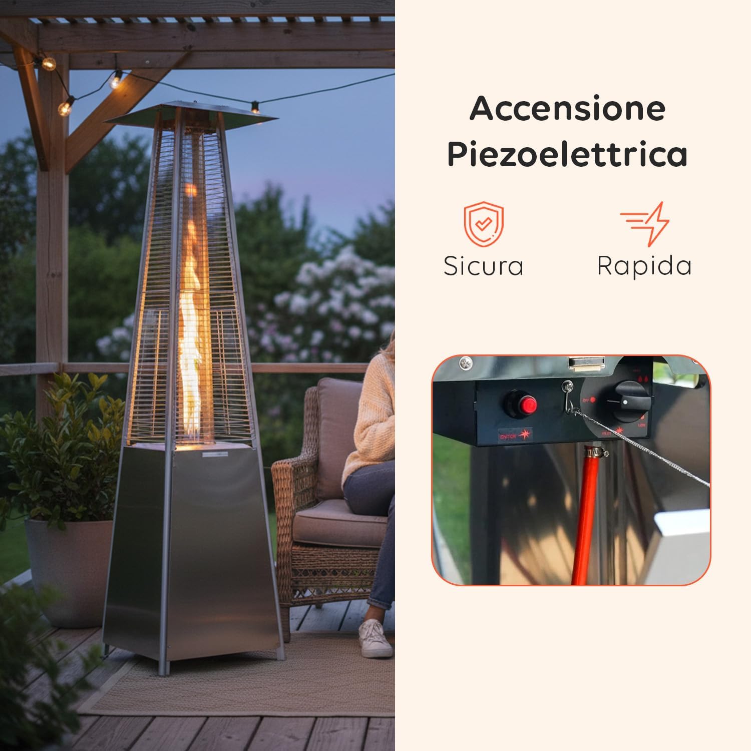 Wintem - Stufa a Gas da Esterno Aura a Piramide Grigia 12kW con Accensione Piezoelettrica e Termostato Regolabile per Terrazze e Giardini, Funzionamento con Bombola GPL o Butano, Design Moderno