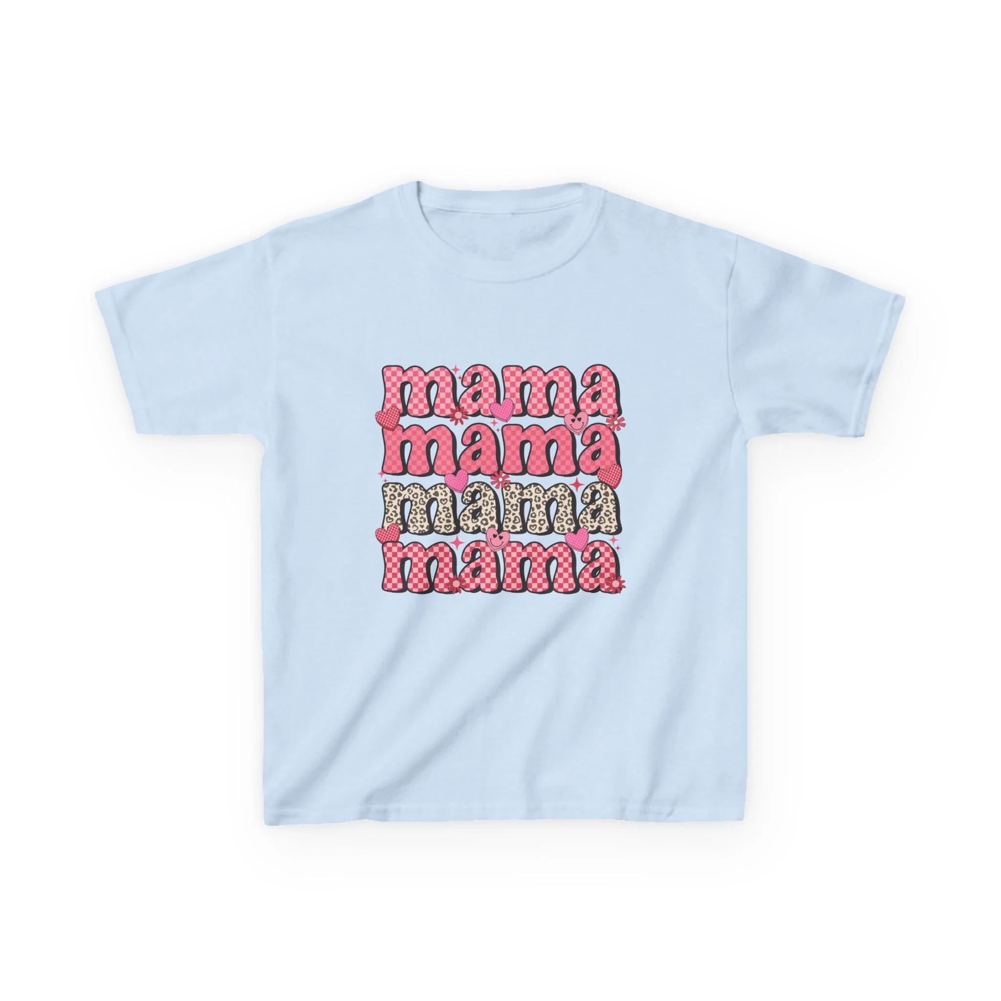 mama stacked text Kids Tee | Retro Pink Pattern