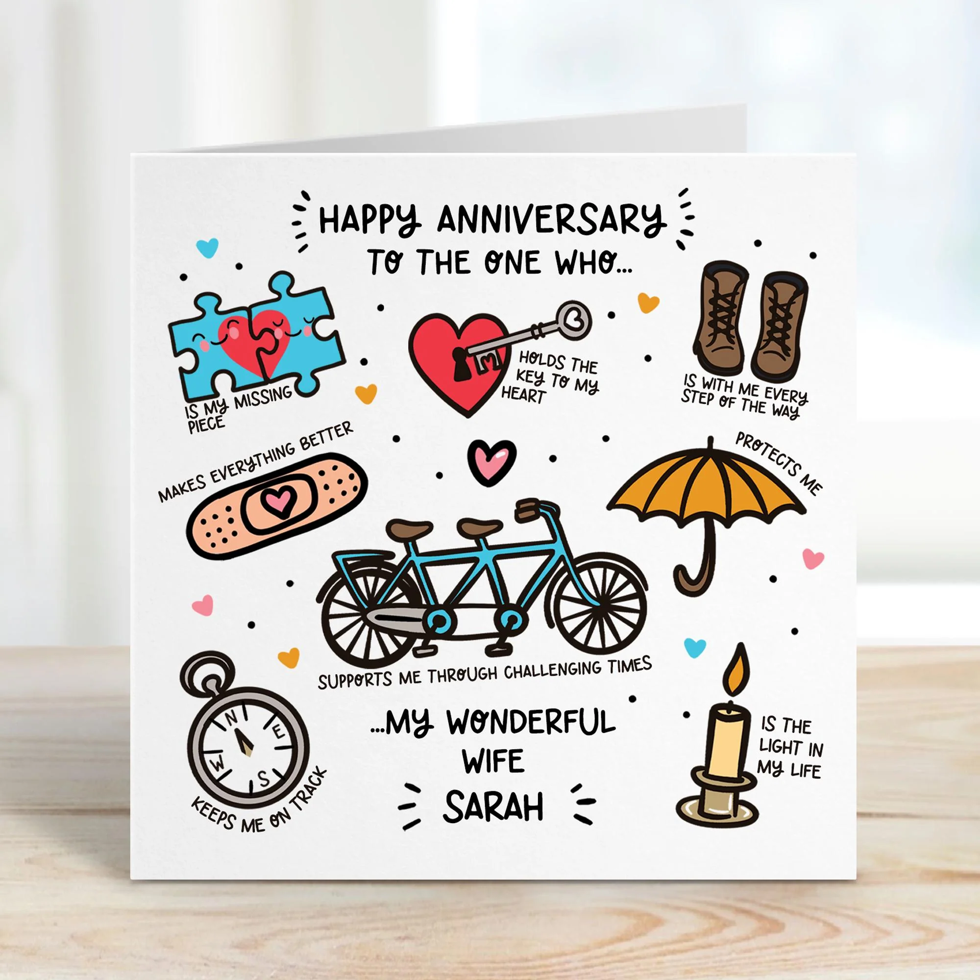 Personalised Wife Anniversary Card: With Heartfelt Words and Illustrations, Kraft Envelope