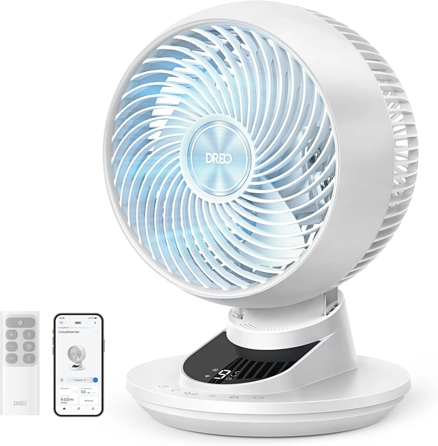 DREO 3D Asztali ventilátor, különösen halk, 22 dB, Kis ventilátor távirányítóval, 8,8 m/s erőteljes légáramlás, 90°-os oszcilláció, alkalmazás- és hangvezérlés, 9 fokozat, 8/12 órás időzítő hálószobába és irodába