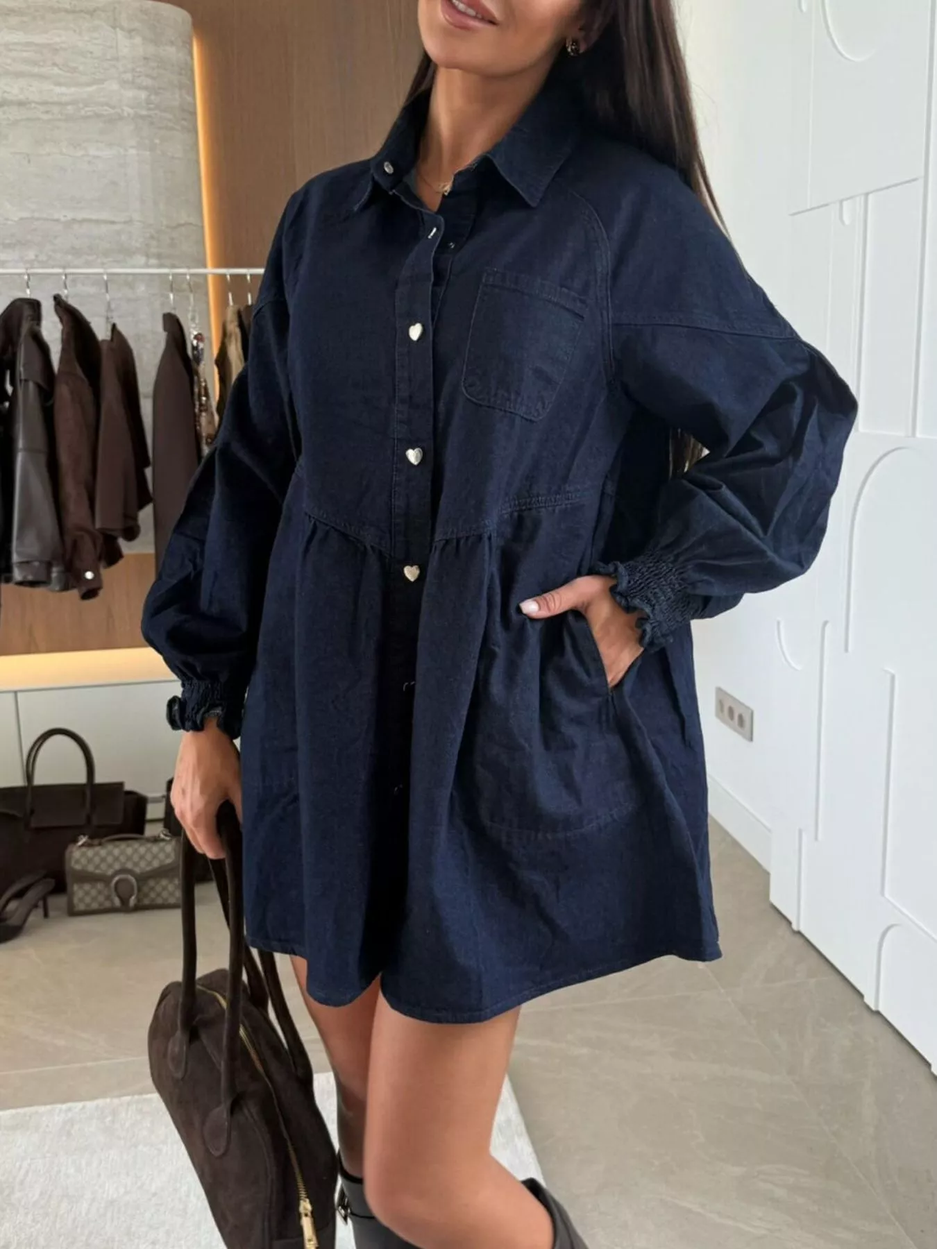 Button Down Mini Denim Dress with Front Pockets