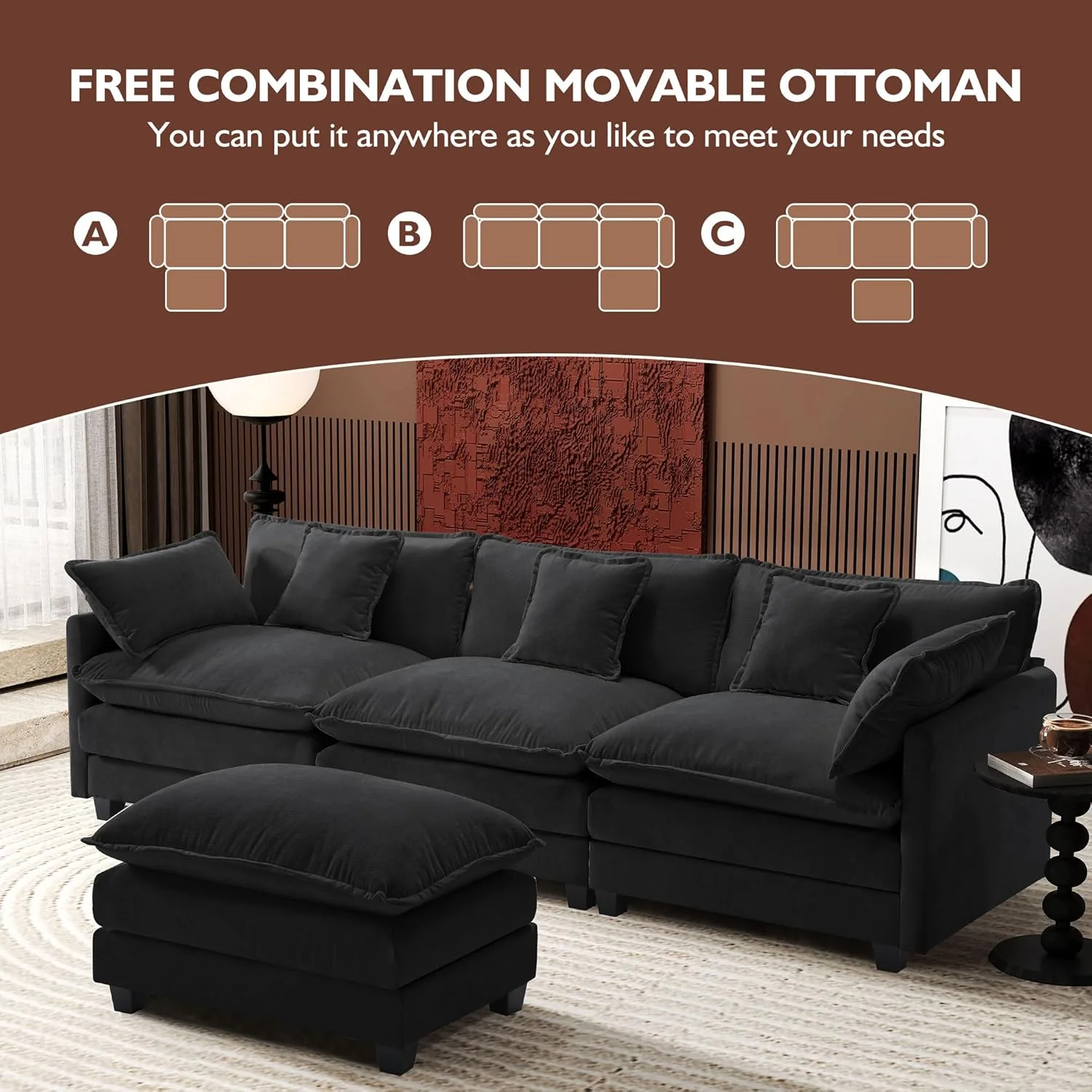 111.4 Inch L-Shaped Modern Sofa Modular Cloud Sofa Ottoman 4-Seater Chenille Deep Seat Sofa