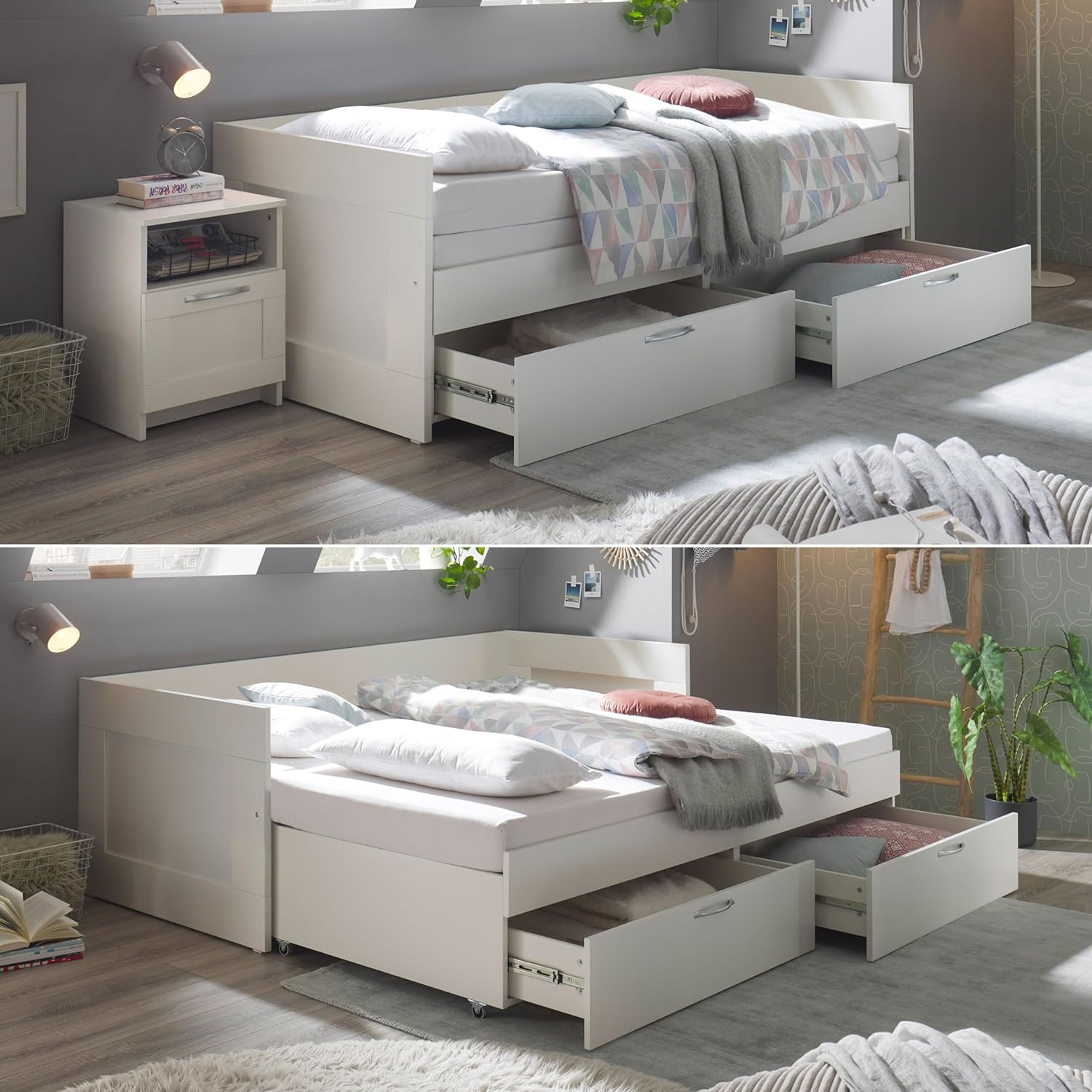 SALIAS Funktionsbett 90 x 200 cm mit ausziehbarer Liegefläche - Platzsparendes Jugendzimmer Einzelbett mit Bettkasten in Weiß - 205 x 68 x 97 cm (B/H/T)