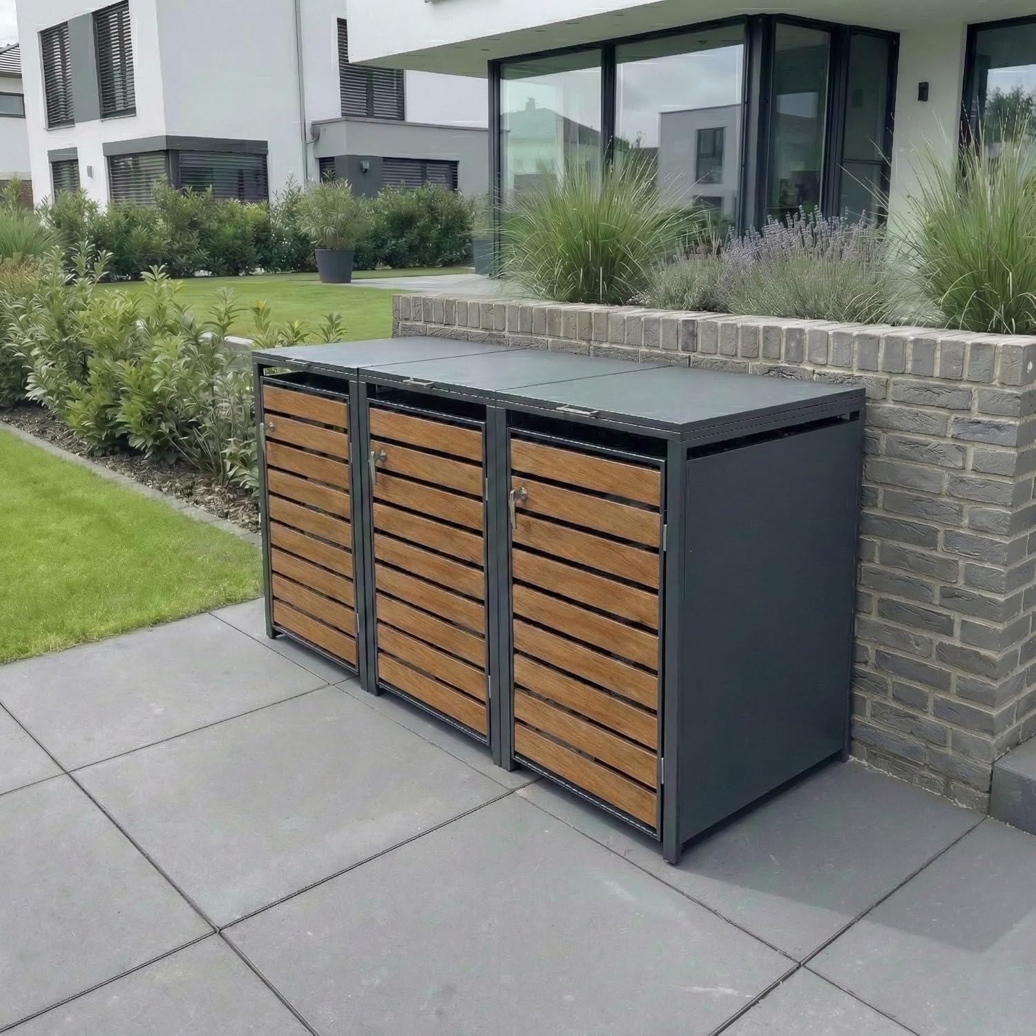 Metzler Mülltonnenbox in Anthrazit & Holzoptik 3er 240L, Mülltonnenverkleidung 3 Tonnen, witterungsbeständiger und pulverbeschichteter Stahl mit Automatikdeckel, abschließbar, Garten- und Müllbox