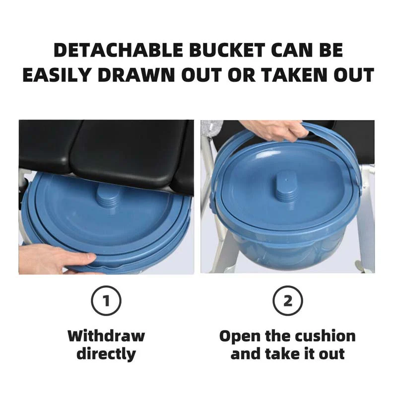 2-in-1 Foldable Shower Commode Wheelchair, Aluminum Alloy Transport Chair Toilet Bedside Wheelchair with Commode