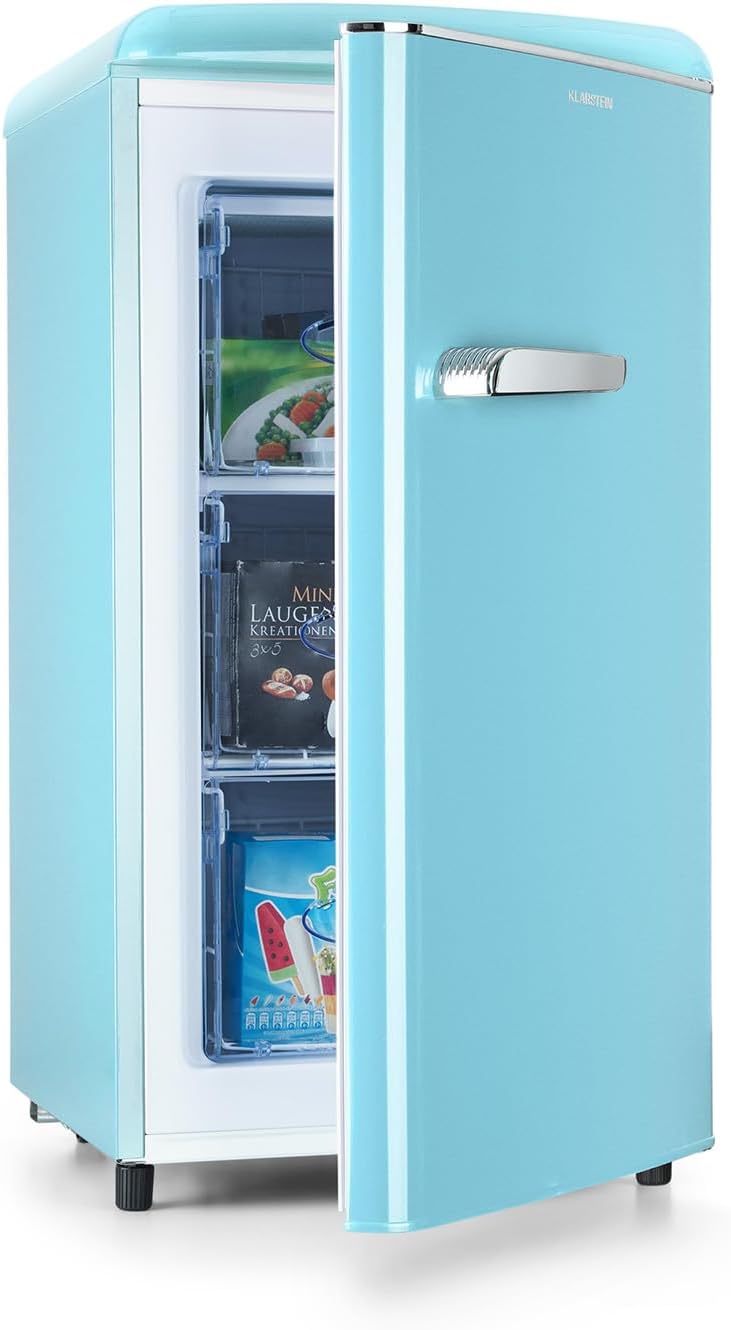 Klarstein Laika Gefrierschrank - 60 Liter Gesamtvolumen, Thermostat mit 5 Stufen, 0 bis -18 °C, 3 Einschübe, freistehend, Retro-Design, blau
