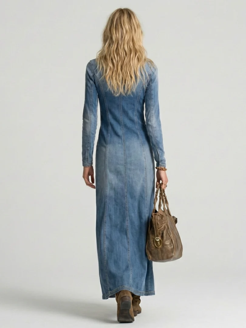 Women��s Denim Maxi Dress Button Front with Deep V Neckline