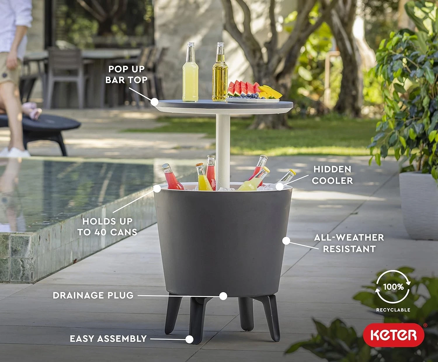 2025 Keter Modern Cool Bar Mueble de Exterior para Patio y Mesa Auxiliar para Spa Gris