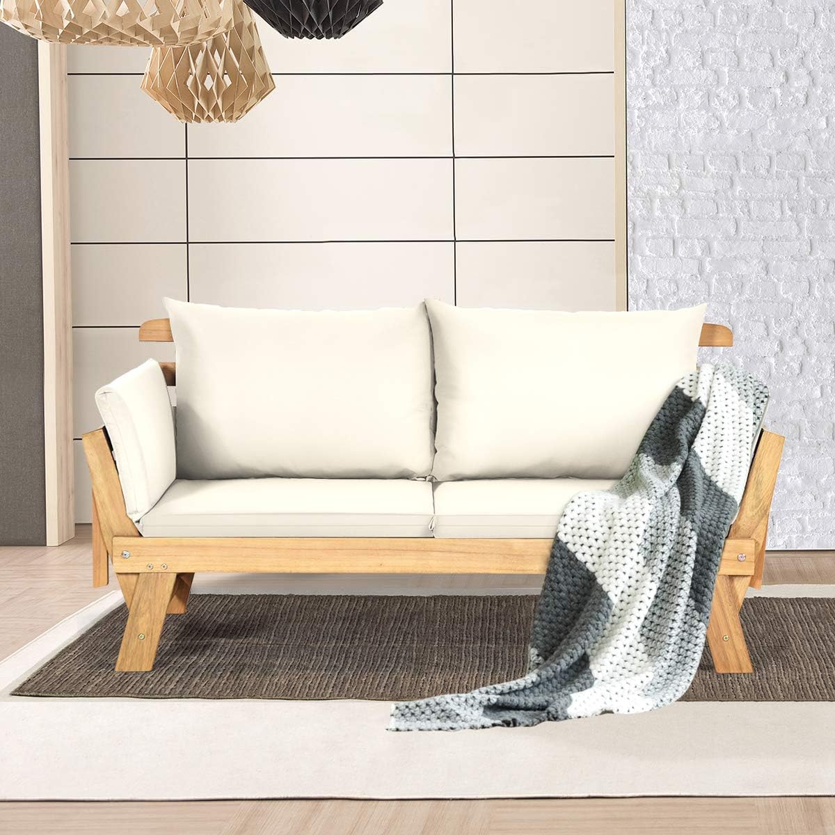 COSTWAY Gartenbank mit Liegefunktion, Gartensofa mit Auflagen und klappbaren Armlehne, Balkonbank aus Akazienholz, Balkonsofa, Gartencouch für Garten, Terrasse, Balkon, 198 x 75 x 75 cm (Beige)