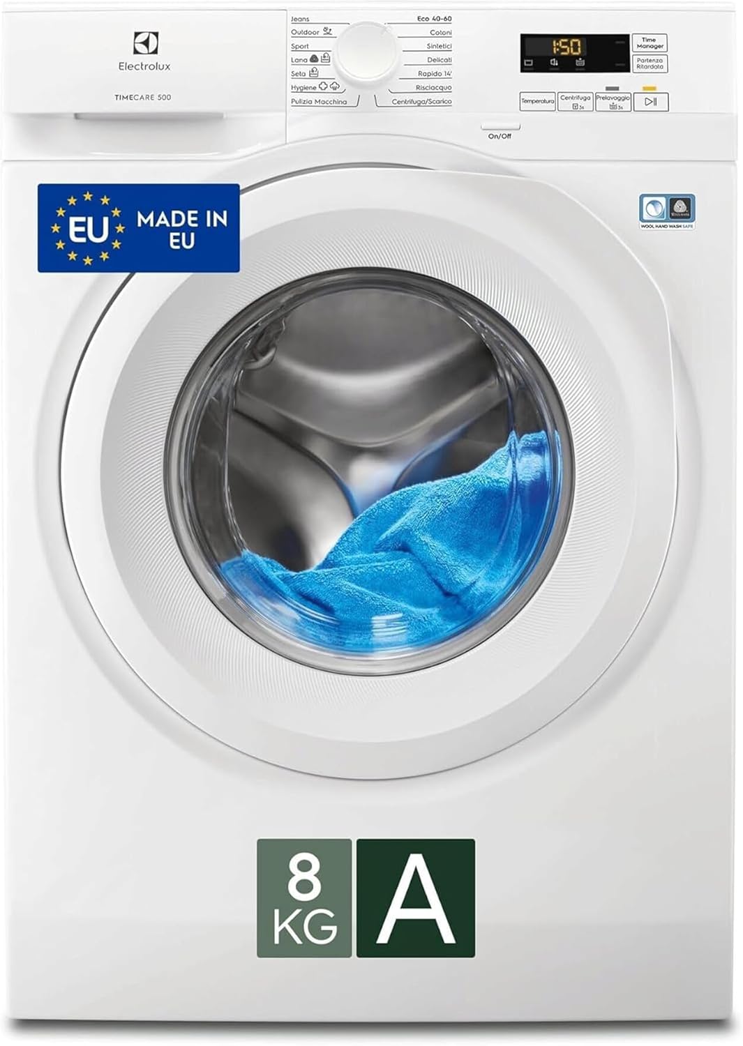 Electrolux Lavatrice a Carica Frontale EW5F8W, 8kg Serie 500 TimeCare, 1151 Giri/min, AutoSense e Partenza Ritardata da Remoto, Programma Hygiene, Cesto GentleCare, 847x596x547mm, Bianco, Classe A