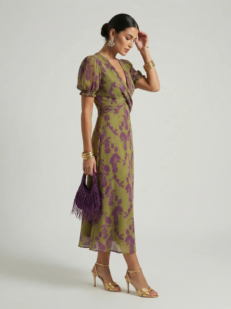 Womena??s Floral Midi Dress Relaxed Fit with Wrap V Neckline