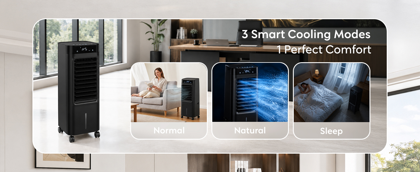 Text reads: '3 Smart Cooling Modes' and '1 Perfect Comfort'. Black portable cooling unit displayed in home interior with multiple scenes showing usage in different rooms and comfort modes.