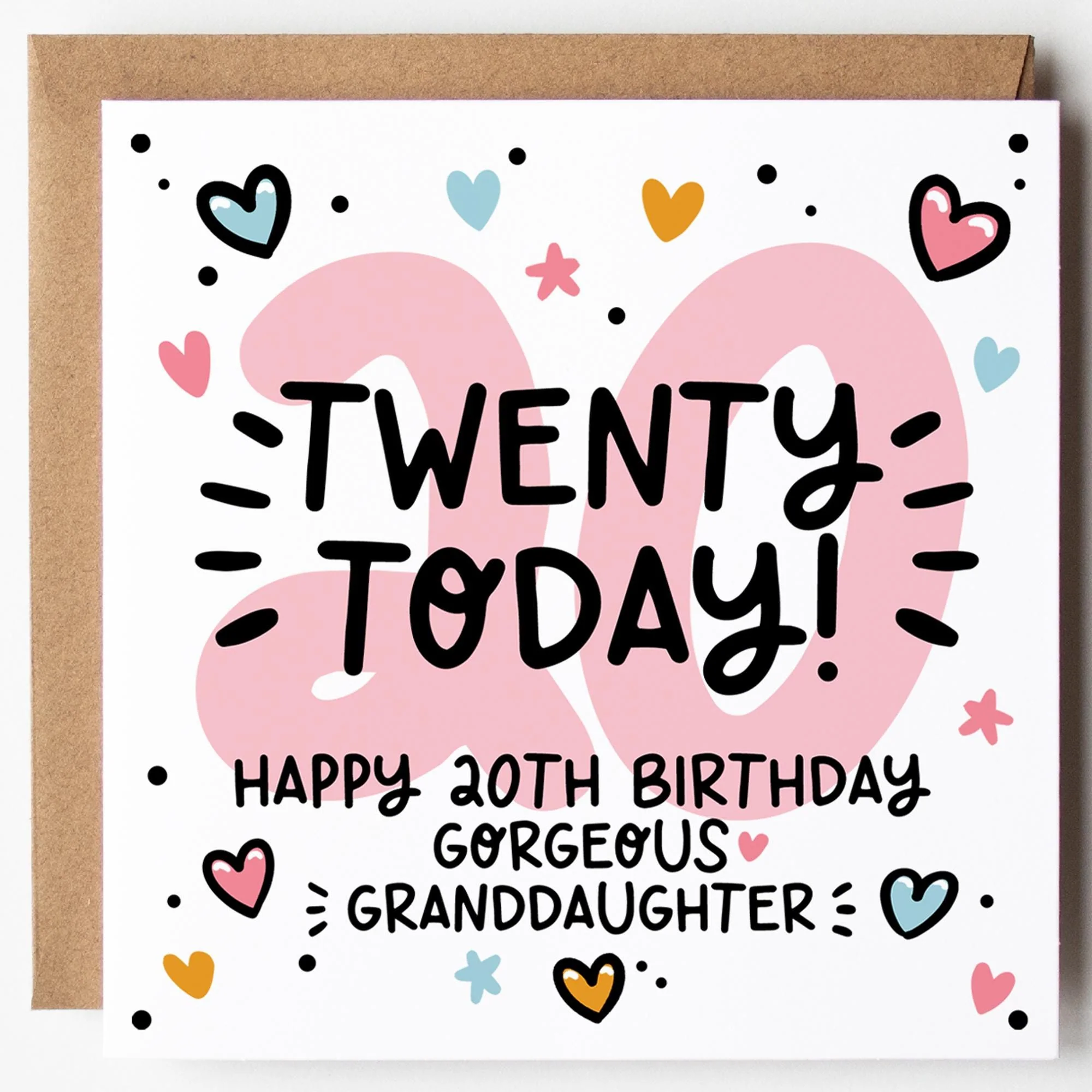 Granddaughter 20th Birthday Card; Twenty Today, with Kraft Envelope