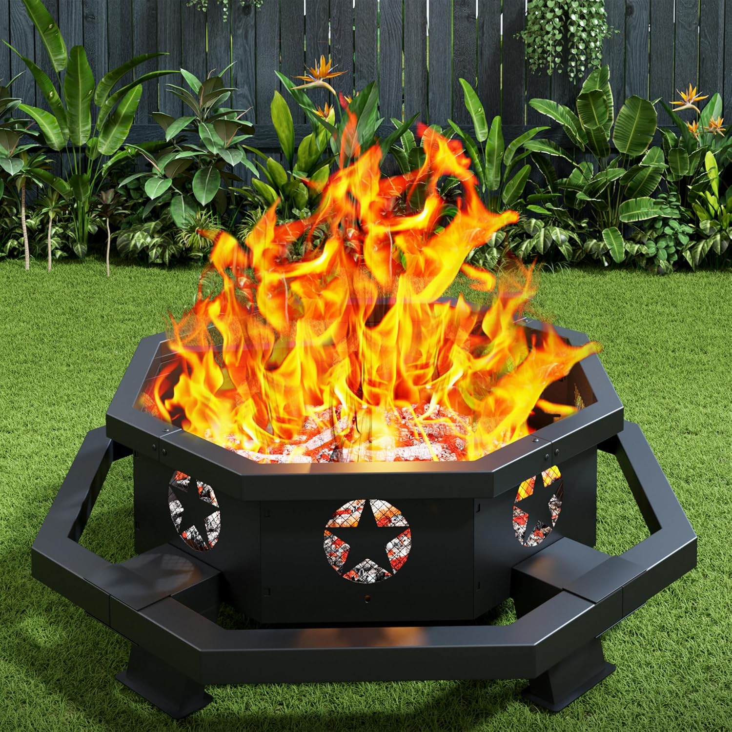 45 Inch Fire Pit for Outside Wood Burning, Outdoor Octagonal Fire Pit with Poker, Large Firepit for Camping, Backyard, Patio, Black
