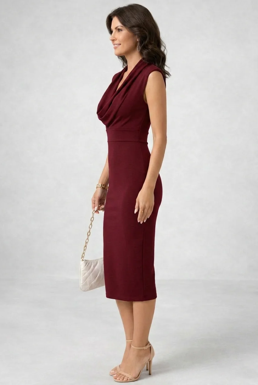 Women��s Elegant Midi Dress Cowl Neck Sleeveless Design in White and Black