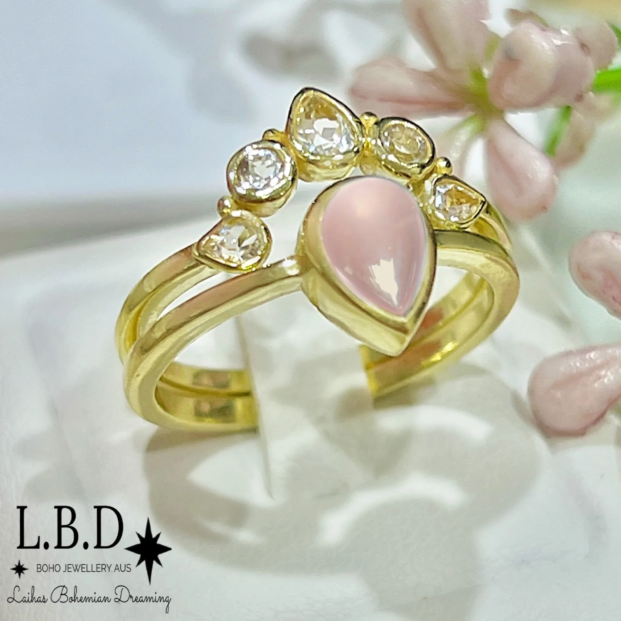Laihas Queen Of Cups Gold Topaz and Rose Quartz Ring Set
