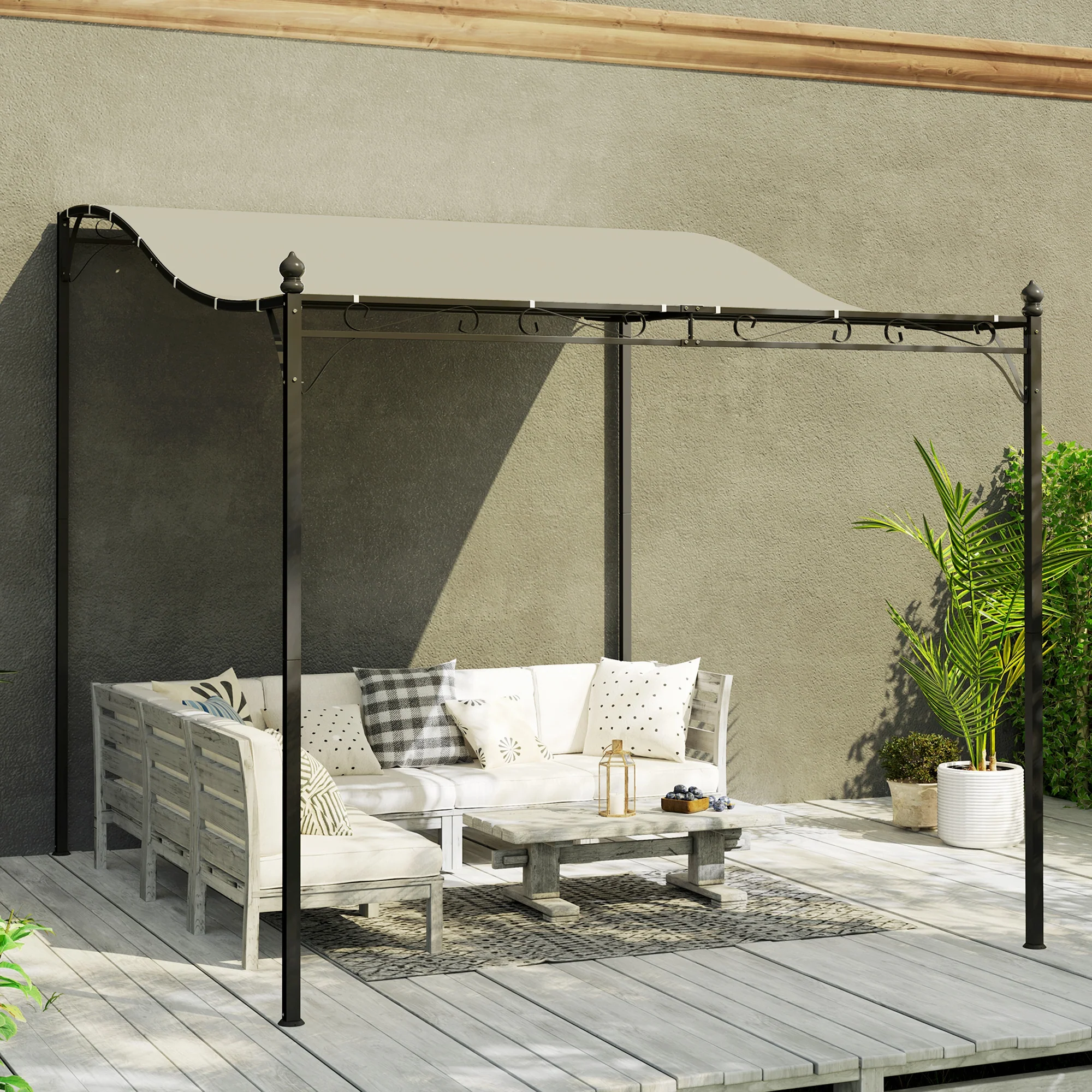 Outsunny 2,5 x 3 m Pergola, Wandgemonteerde Tuinpaviljoen, waterbestendig, Metalen frame, Afvoergaten, Schaduwdak, Crèmewit