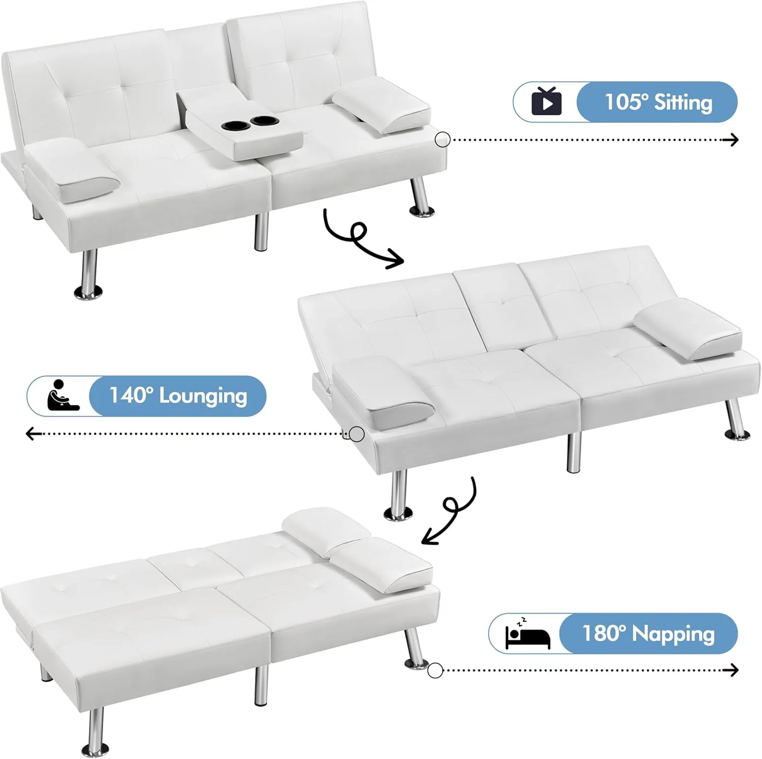 Yaheetech Convertible Sofa Bed Adjustable Couch Sleeper Modern Faux Leather Home Recliner Reversible Loveseat Folding Daybed Guest Bed, Removable Armrests, Cup Holders, 3 Angles, 772lb Capacity, Brown