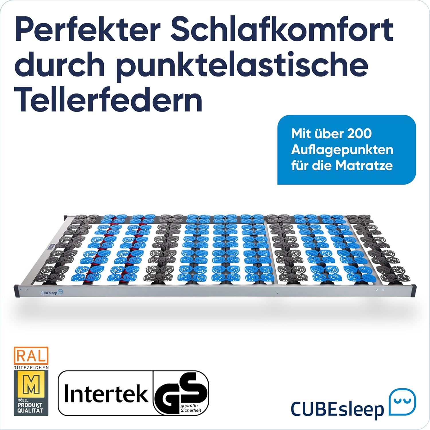 CubeSleep Cloud NV 7-Zonen Tellerfeder Lattenrost 100x200cm | starr | Made In Germany | GS Zertifiziert – geprüfte Sicherheit